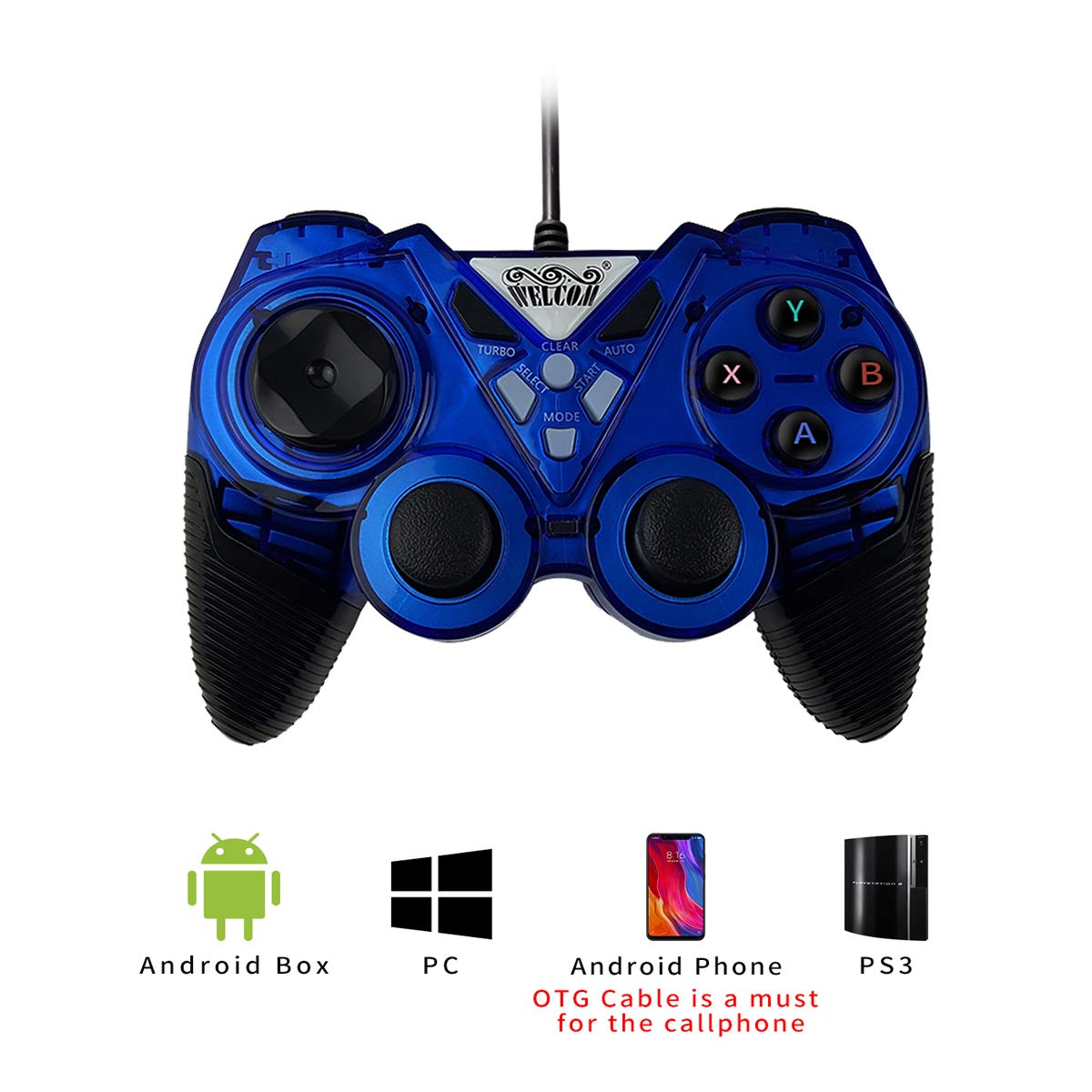 Wired Game Controller, OUTWIT USB PC Controller, Joystick for PS3, Plug and Play, Gamepad with Dual-Vibration Turbo and Trigger Buttons for Windows/Steam/Android/ PS3/ TV Box (Black and Blue)