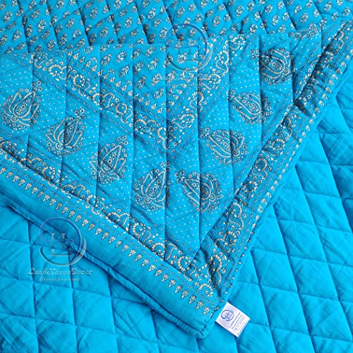 Image of Jaipuri Razai Single Bed Gold Print with Computerized Quilting Use as Soft and Breathable Cotton Comforter Quilt Rajai Blanket Dohar Size 55X85 inch Sky Blue Pack of 2