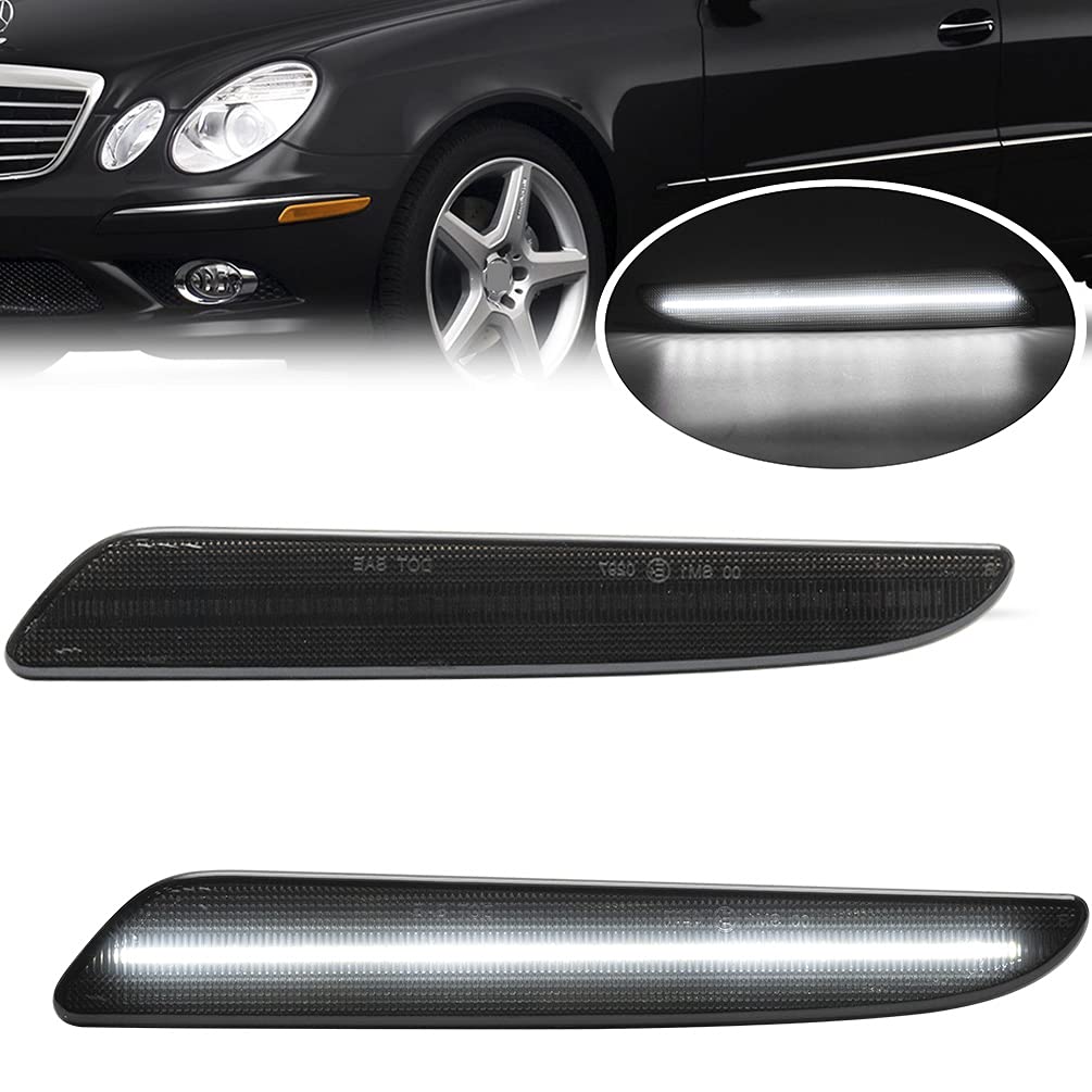 NJSBYL E320 E350 E550 E63 AMG LED Side Marker Lights For 2007-2009 Mercedez Benz E-Class W211 Facelift Smoked Lens Sidemarker White LED Turn Signal
