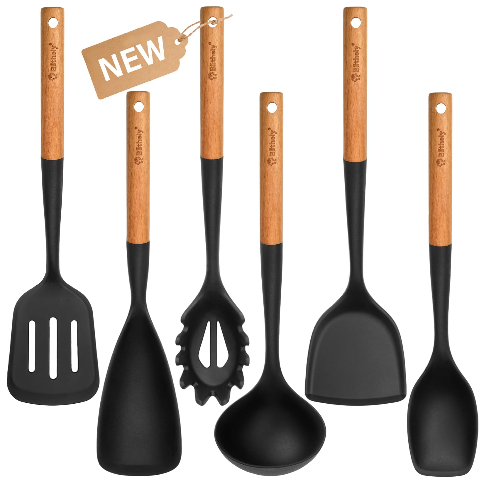 Silikon-Kochutensilien-Set, 6 Stück, großes Küchenutensilien-Set mit Holzgriff, hitzebeständiges Silikon-Utensilien-Spatel-Set für antihaftbeschichtetes Kochgeschirr, Spatel, Pfannenwender, Löffel