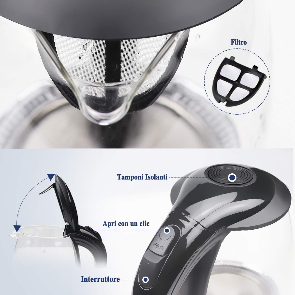 EXTRASTAR Hervidor de agua eléctrico, hervidor con luz indicadora LED azul, hervidor eléctrico sin BPA con apagado automático y protección contra ebullición en seco Acero Inoxidable 1.7L