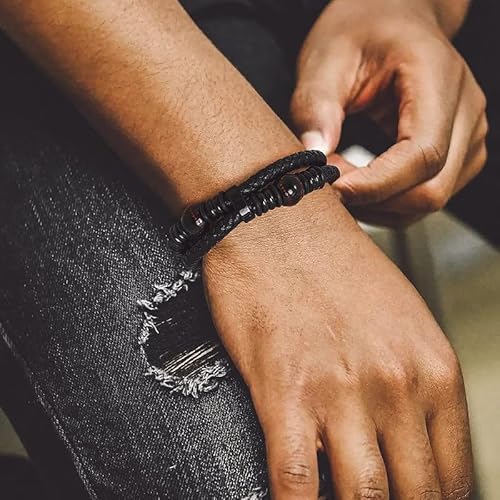 Bandmax Men Black Leather Bracelet Bangle Wirstband Trendy Cool Stainless Steel Baseball Beads Leather Bracelet For Biker Sportsman Athlete Gift Packed -19" #TOP1