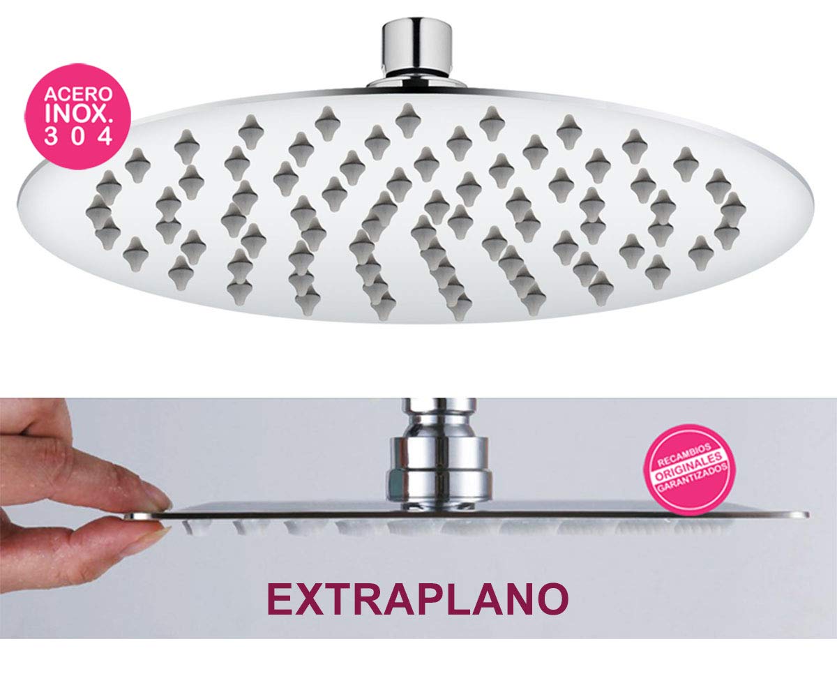 Columna de ducha termostática extralarga diseño redondo, con tubo extensible de 100 a 150 cm. Rociador extraplano de 20cm y ducha de mano de hidromasaje redondos. Recambios garantizados