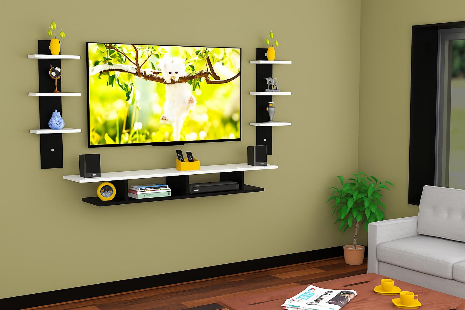 DAS Volker High Strength & Durable TV Entertainment Unit Stand with Set Top Box Stand for Living Room Black & White Large (Ideal for up to 55") Screen (Engineered Wood)