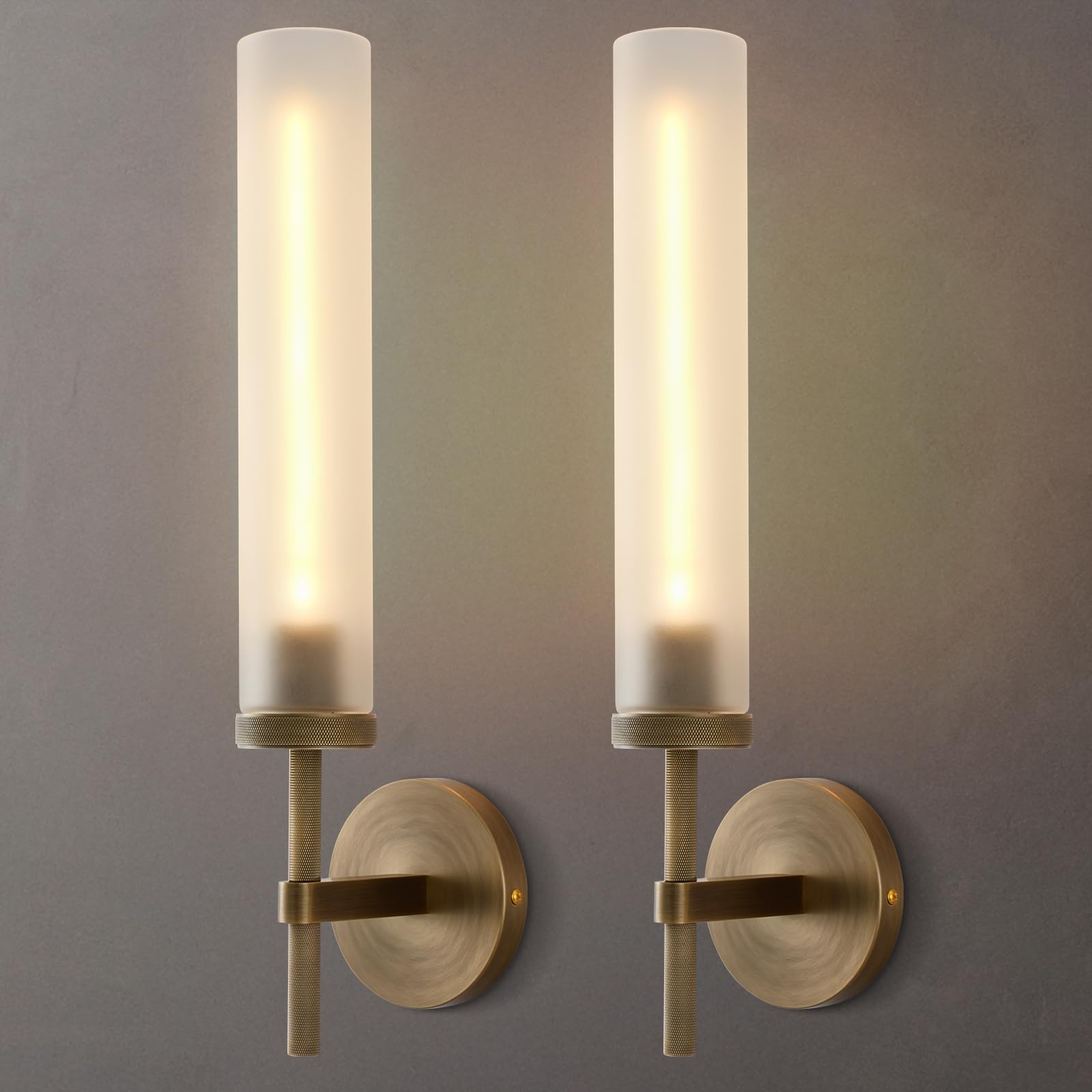 Photo 1 of SYBDZSWJ Brass Hardwired Frosted Glass Bathroom Wall Sconces 2 Pack, Modern 20'' Indoor Knurled Wall Sconce, Glass Vanity Light, for Living, Bedroom, Hallway, Staircases,Bulb Included