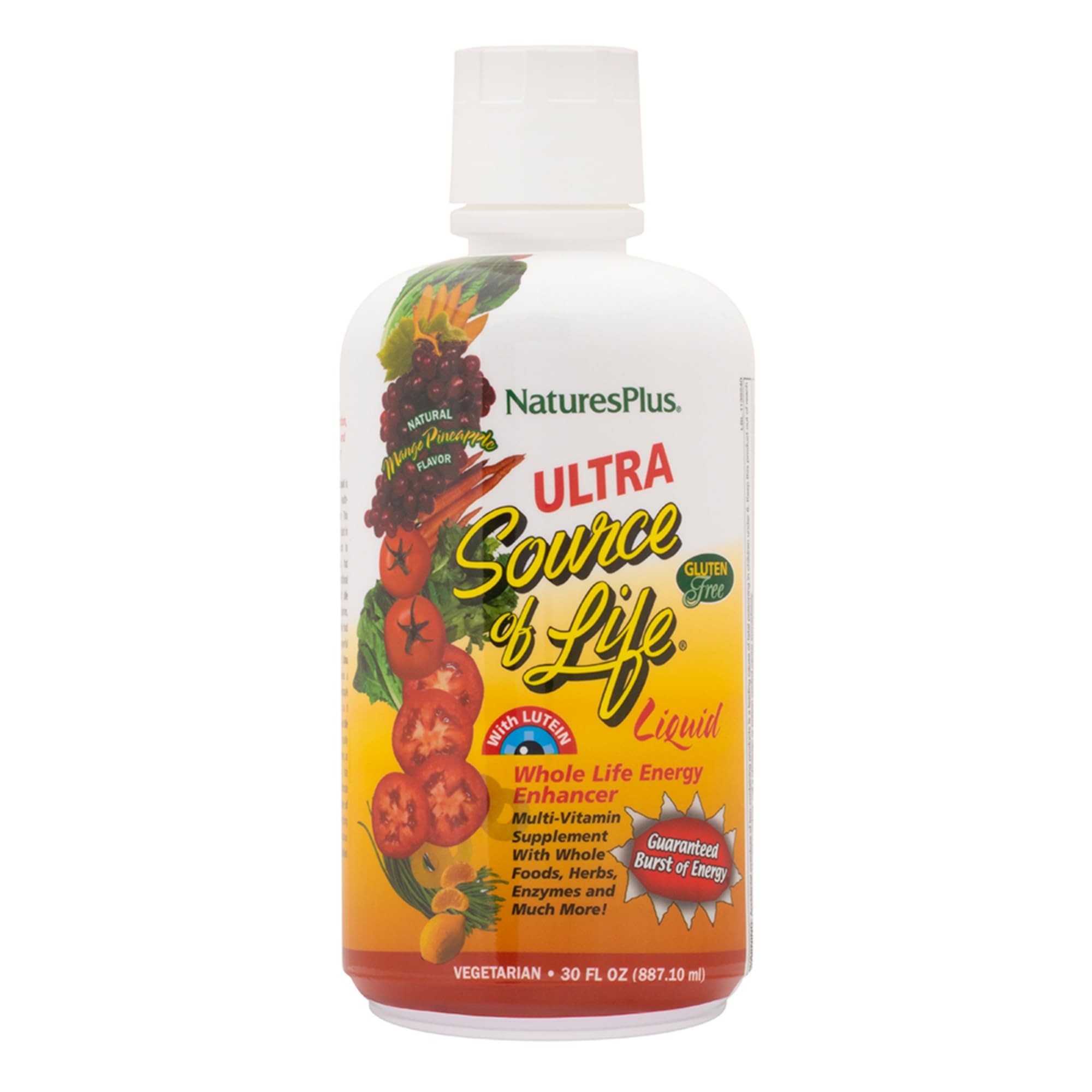 NaturesPlusUltra Source of Life Liquid - 30 fl oz - Mango Pineapple Flavor - Multivitamin Supplement with Vitamin D3 and Lutein - Vegetarian, Gluten-Free - 30 Servings