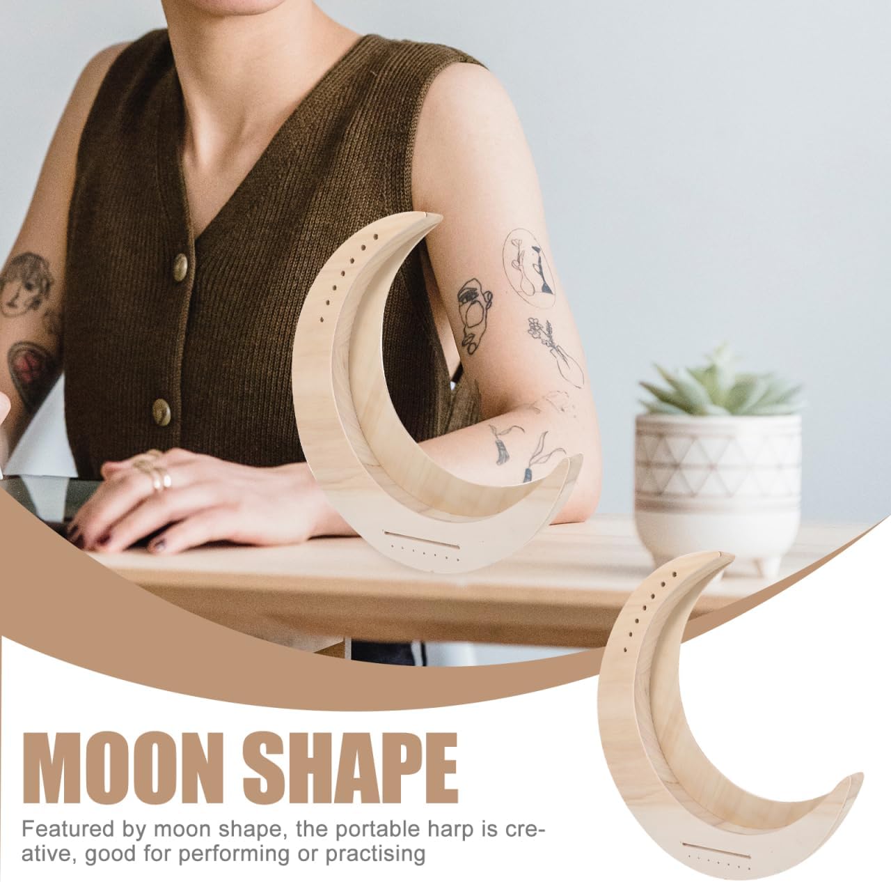 Vaguelly Portable 7-String Wooden Lyre Harp Moon Shape Musical Instrument for Beginners Diy Practice and Performance 11.81X9.84X0.98 Inch