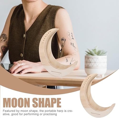 Miniatura 7 de Vaguelly Arpa de lira de madera, instrumento musical portátil en forma de luna para principiantes, superficie sin terminar, fácil de tocar,