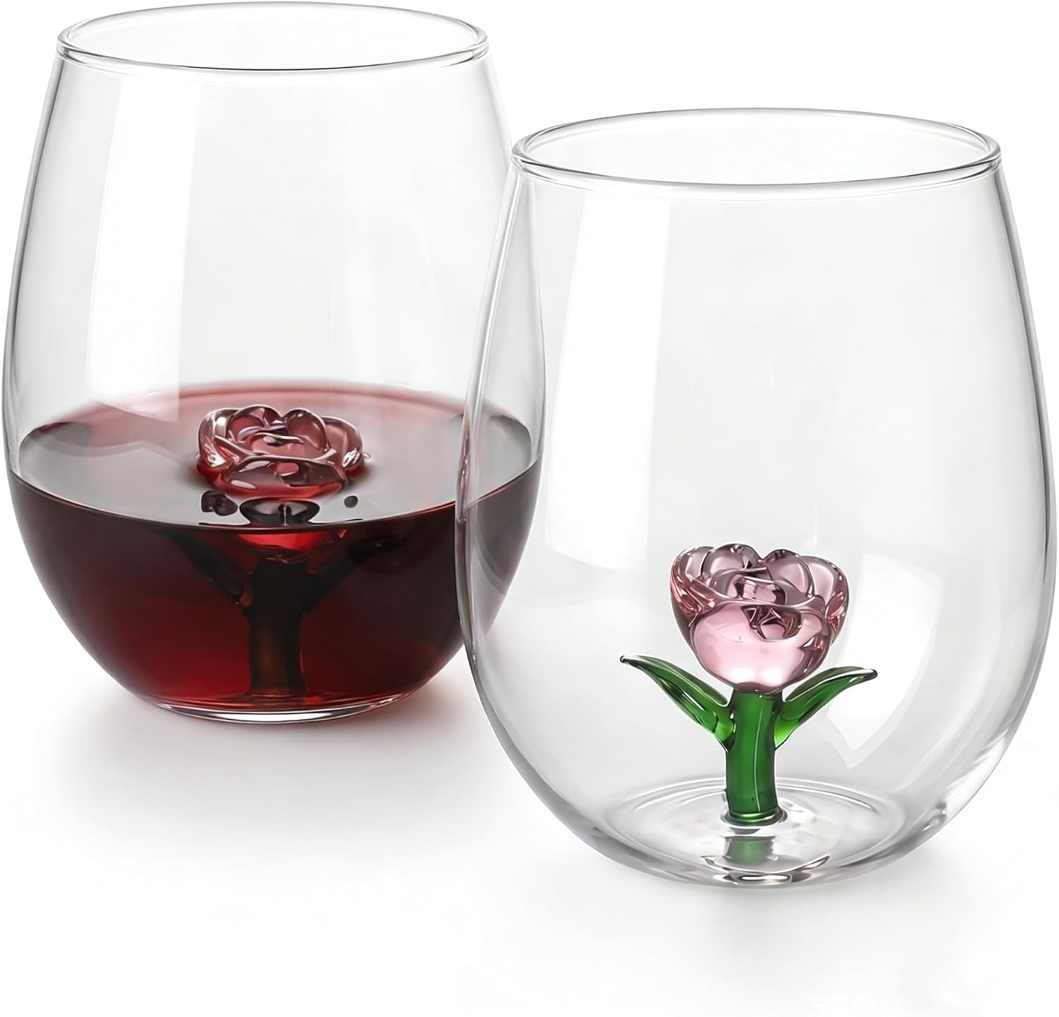 Hand-Blown Rose Stemless Wine Glasses Set of 2, Wine Glass with 3D Floating Rose Inside, 14 oz Unique Gifts for Women, Romantic Floral Gift for Wedding, Anniversary, Valentines Day
