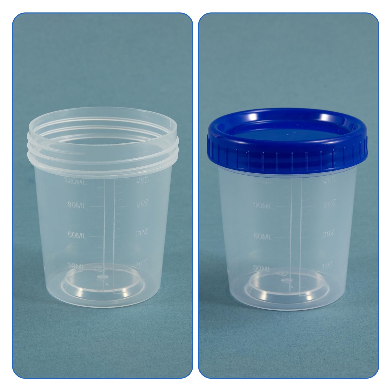 100 Stück Urinbecher mit Schraubdeckel 120ml - Auslaufsicherer Probenbecher mit Skala, Transparenter Probenbehälter für Urinproben, Labor & als Farbmischbecher (Blau)
