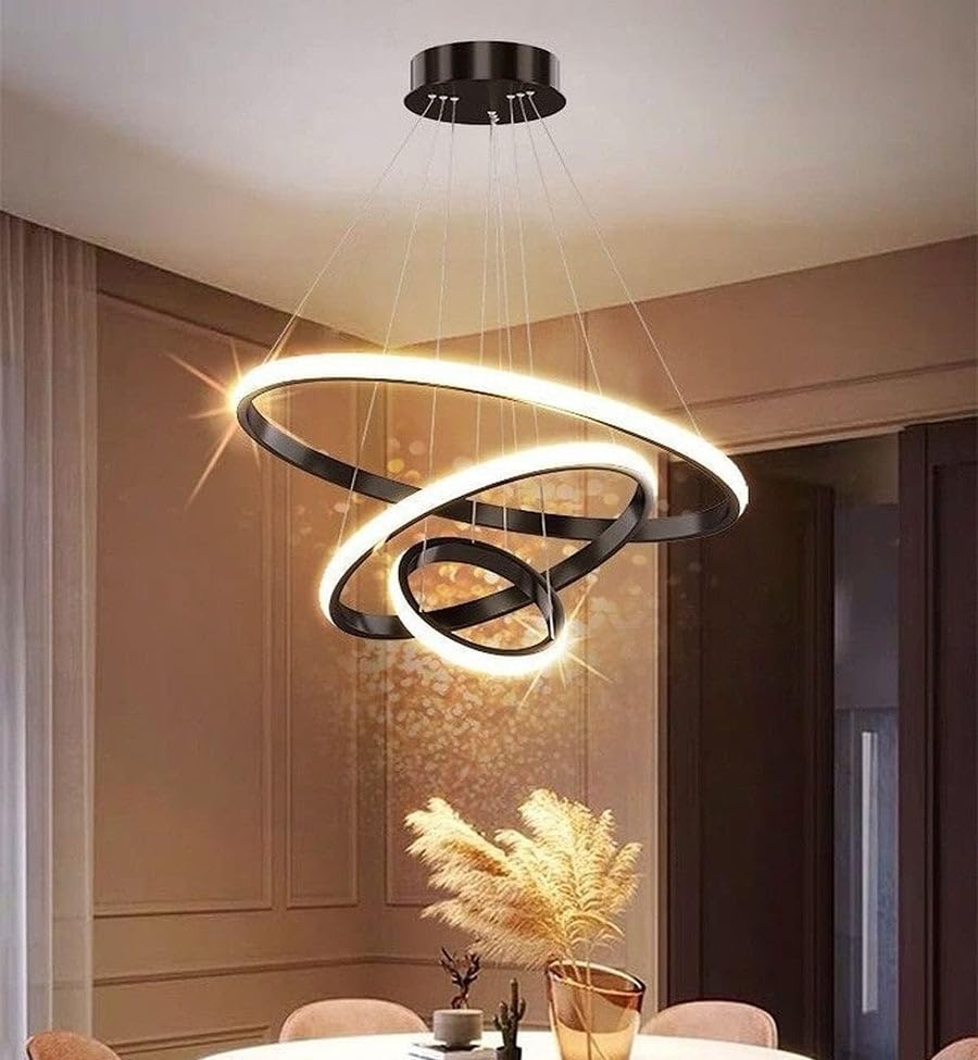 Image of Modern LED Ring Chandelier Light | Ceiling Pendant Lamp with Adjustable Hanging Rings | Warm White Contemporary LED Hanging Light for Living Room, Dining Area & Hall Decor
