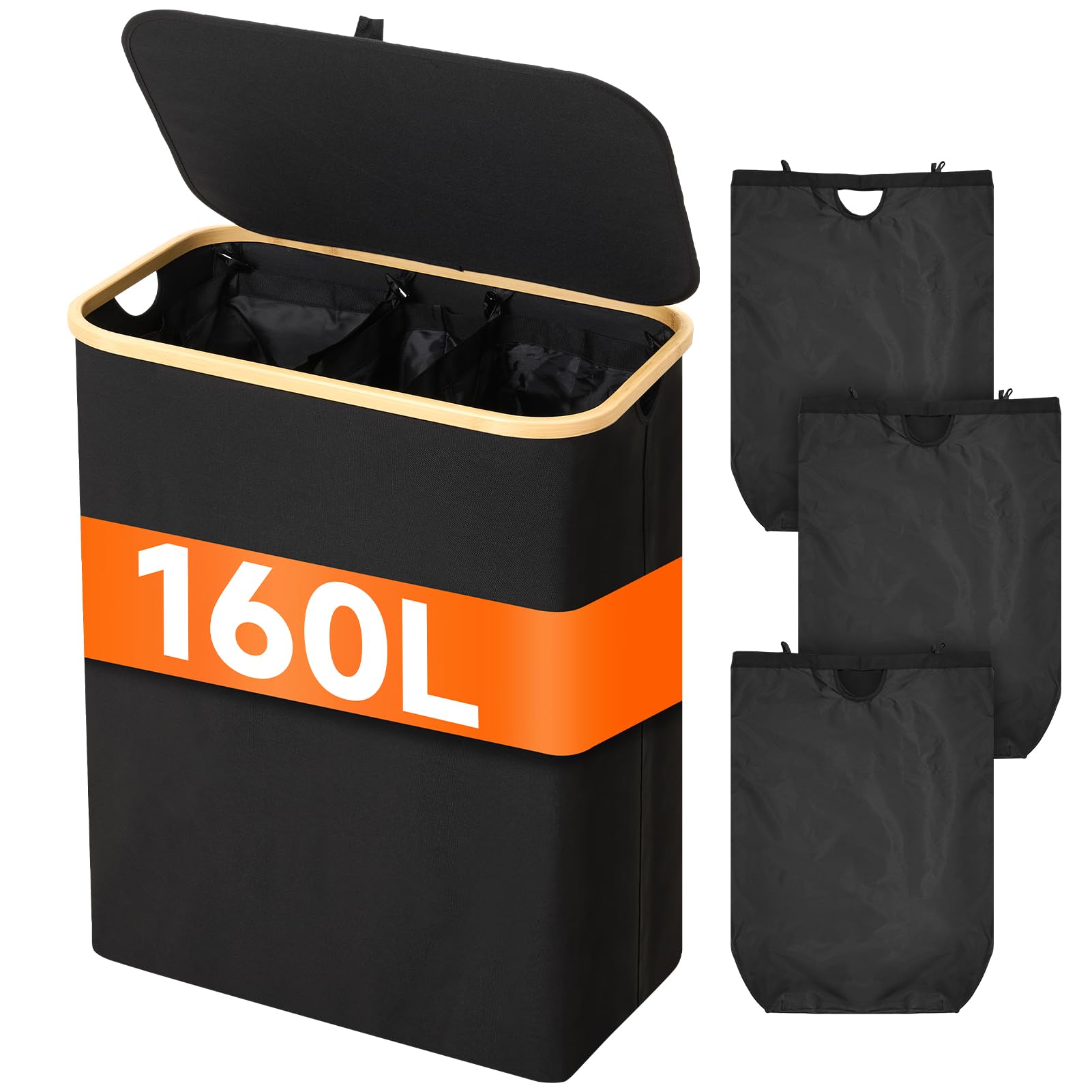 Warmiehomy Wäschekorb mit Deckel, 160 l, 3 Fächer, faltbar, Schwarz