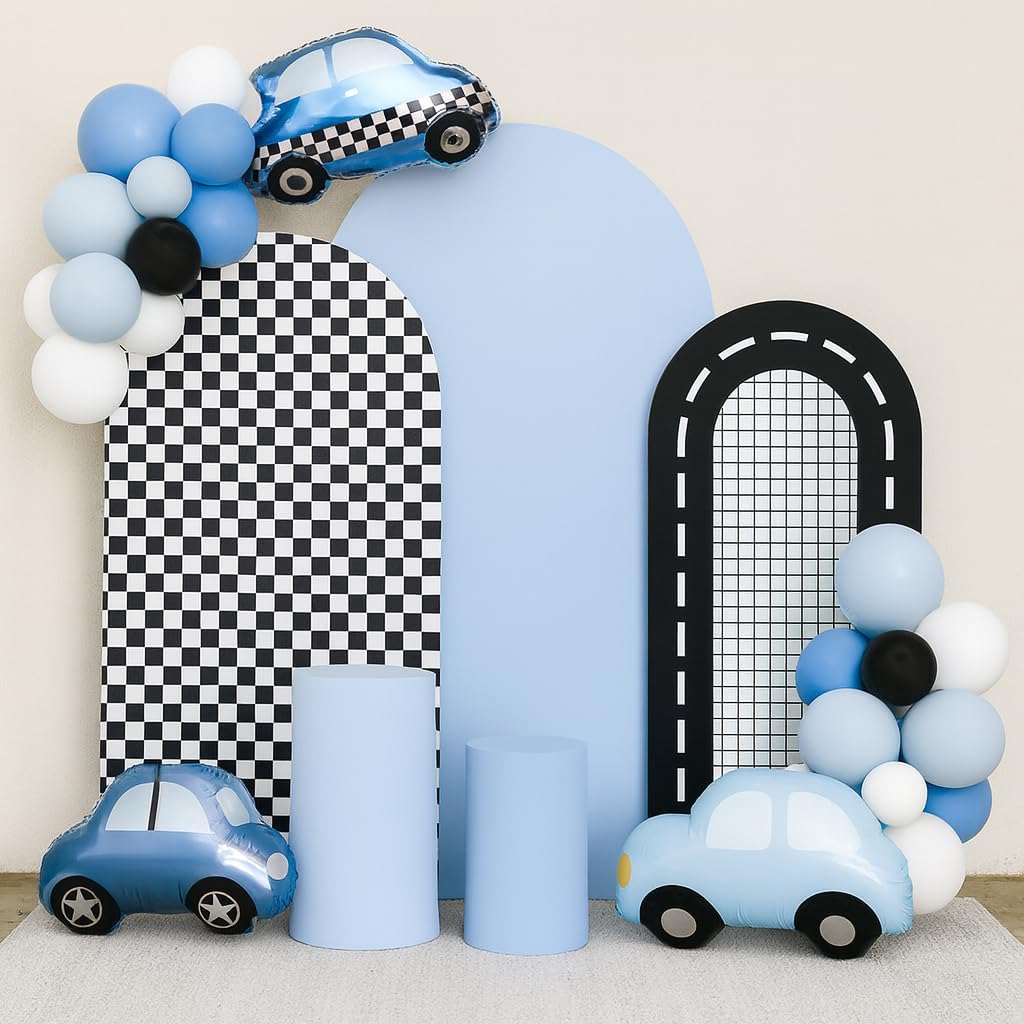 Set of 3 Arch Backdrop Cover Checkered Racing Theme Baby Shower Arched Spandex Cover Car Track Boys Birthday Party Banquet Ceremony Decor (4FT 5FT 6FT,Red6)