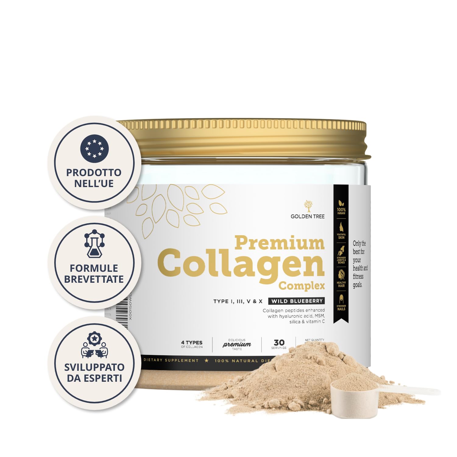 Golden Tree Premium Collagen Complex, 330 g, 30 Porzioni | Collagene in Polvere, Con MSM, Acido Ialuronico, Vitamina C, Silicio, Tipi I III V X
