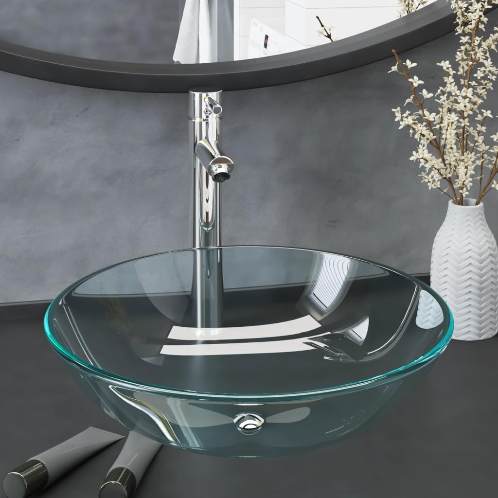 Hydraulika, armatura, umywalki, umywalki łazienkowe, umywalka łazienkowa z kranem i odpływem wciskanym przezroczyste szkło hartowane