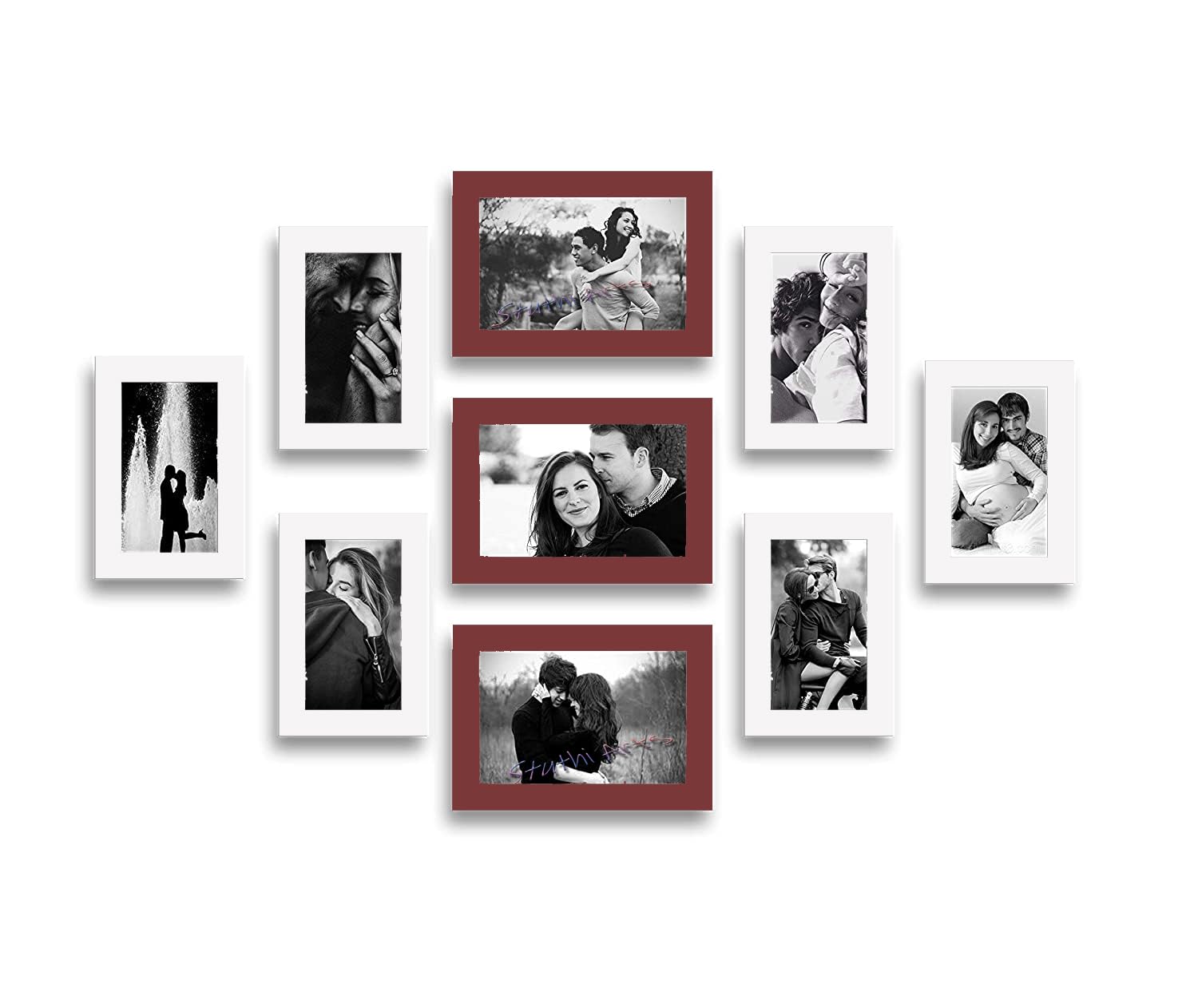Stuthi Arts Marco de fotos de madera MDF con cristal (9 fotos) para montaje en pared, rectangular, 5 x 7 pulgadas (3 piezas), 4 x 6 pulgadas (6 piezas) (marrón y blanco)