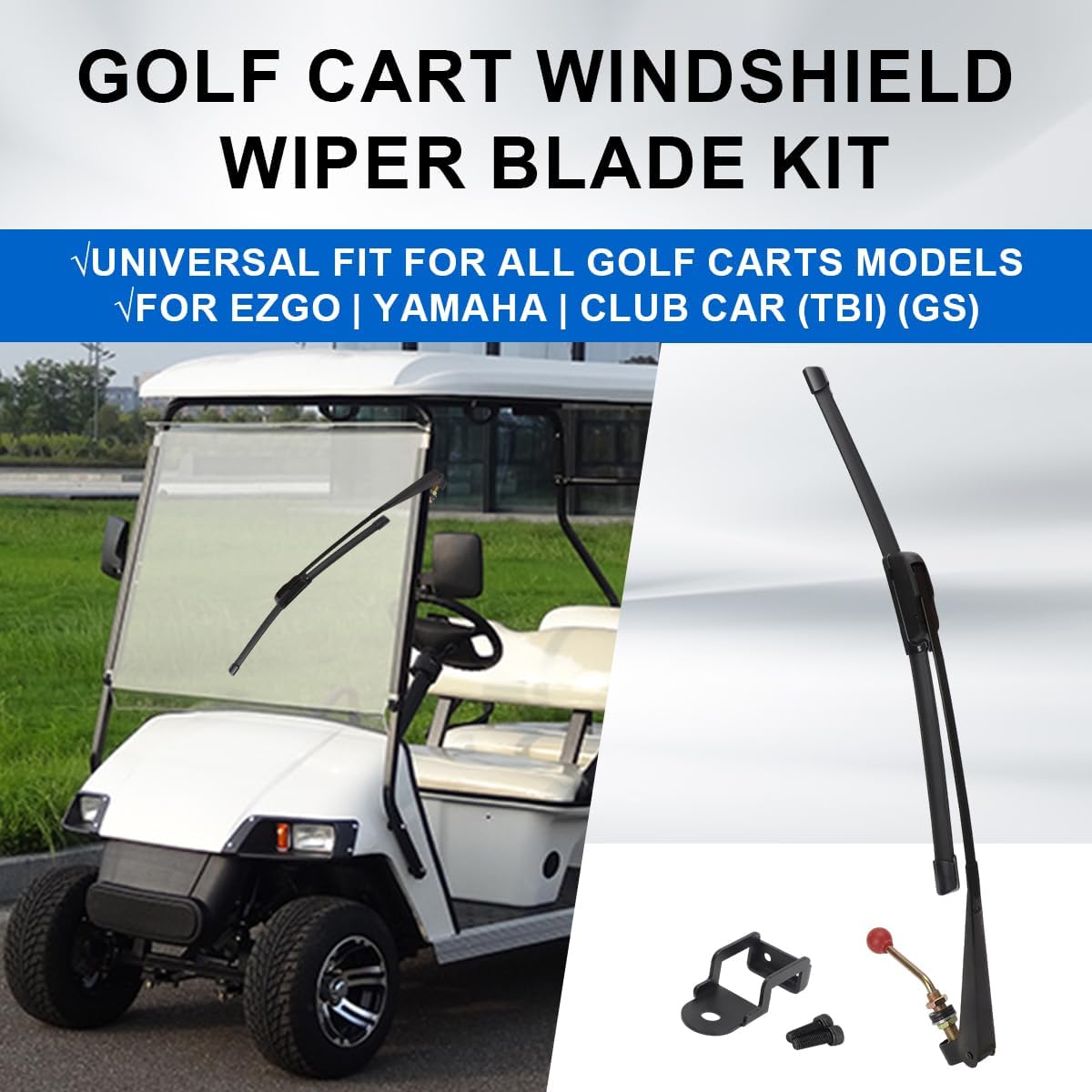 Universal Golf Cart Windshield Wiper Blade Kit with Manual Wiper Arm and Bracket, Fit for Ezgo | Yamaha | Club Car, No Drill
