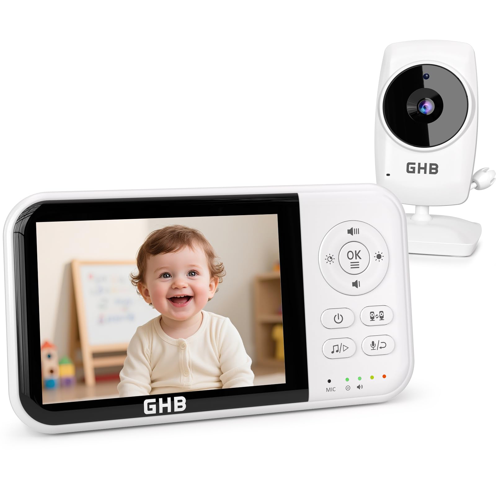 GHB Baby Monitor Video e Audio 3.2'', 2100mAh Monitor Baby con Telecamera, Visione Notturna, Modalità VOX, Rilevamento della Temperatura, Interfono Bidirezionale, Ninna Nanna