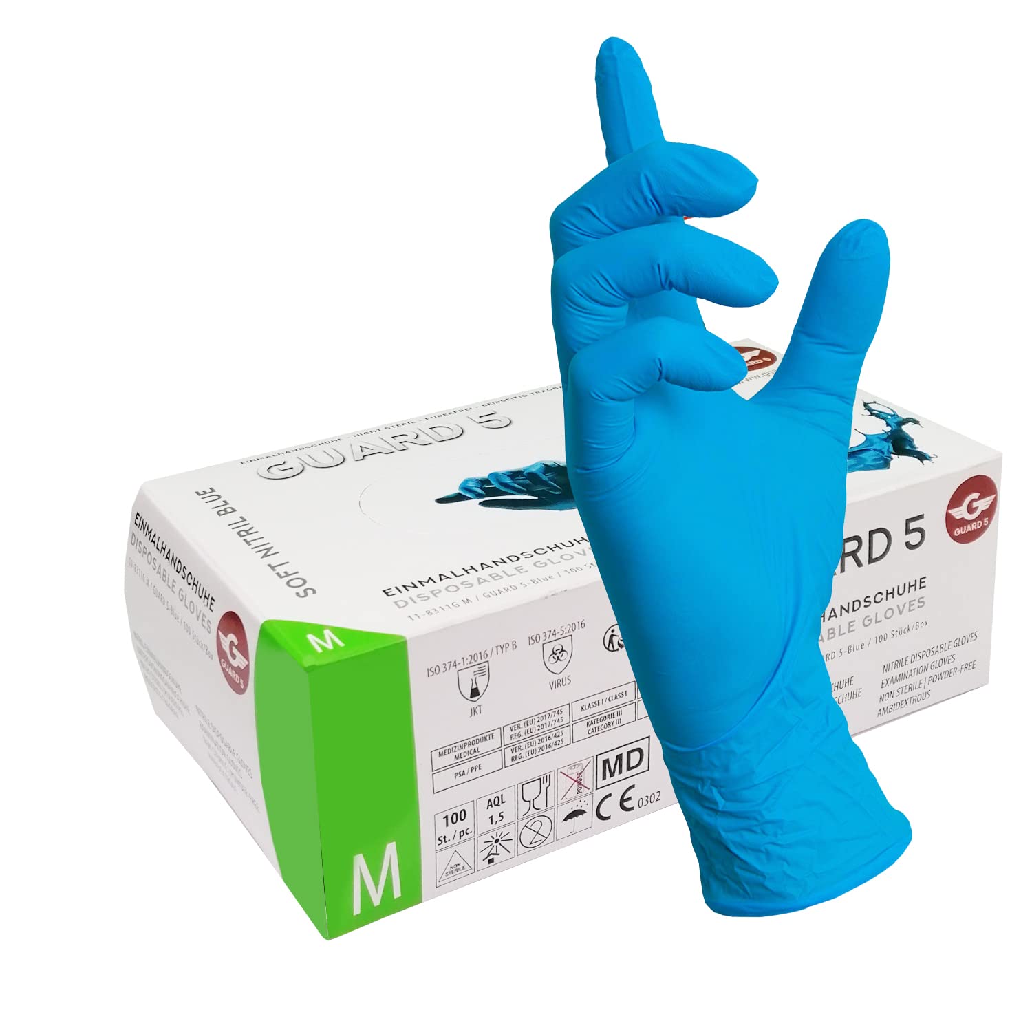 GUARD 5 - blaue Nitril Einweghandschuhe 1000 (10x100 Stück) Gr.8/M in Spenderbox - Einmalhandschuhe, Untersuchungshandschuhe, Nitril Handschuhe, puderfrei, ohne Latex