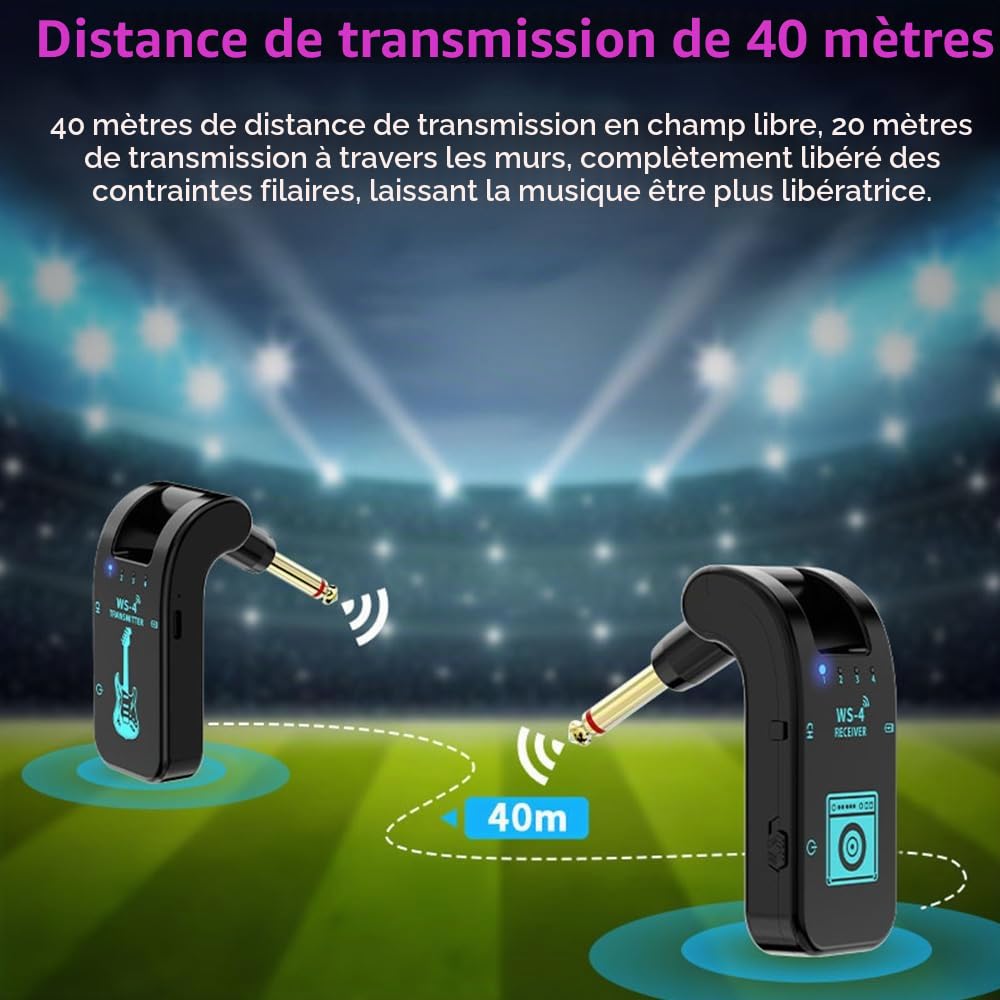 Kavolet Système de guitare sans fil 2,4G, émetteur et récepteur de guitare rechargeables, avec 10 heures d’autonomie de batterie, Plug and Play, transmission en temps réel 48K/16bit, connecteur