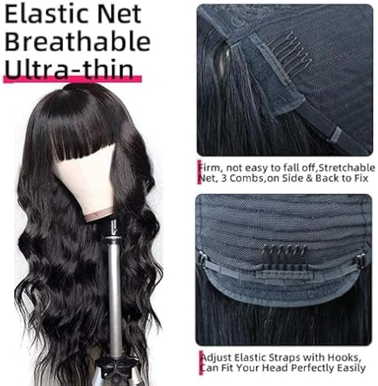 ROSELINE Body Wave Wigs with Bangs Human Hair Wigs for Black Women None Lace Front Wigs 150% Density Brazilian Virgin Hair Glueless Wig 20inch Natural Color - Image 3