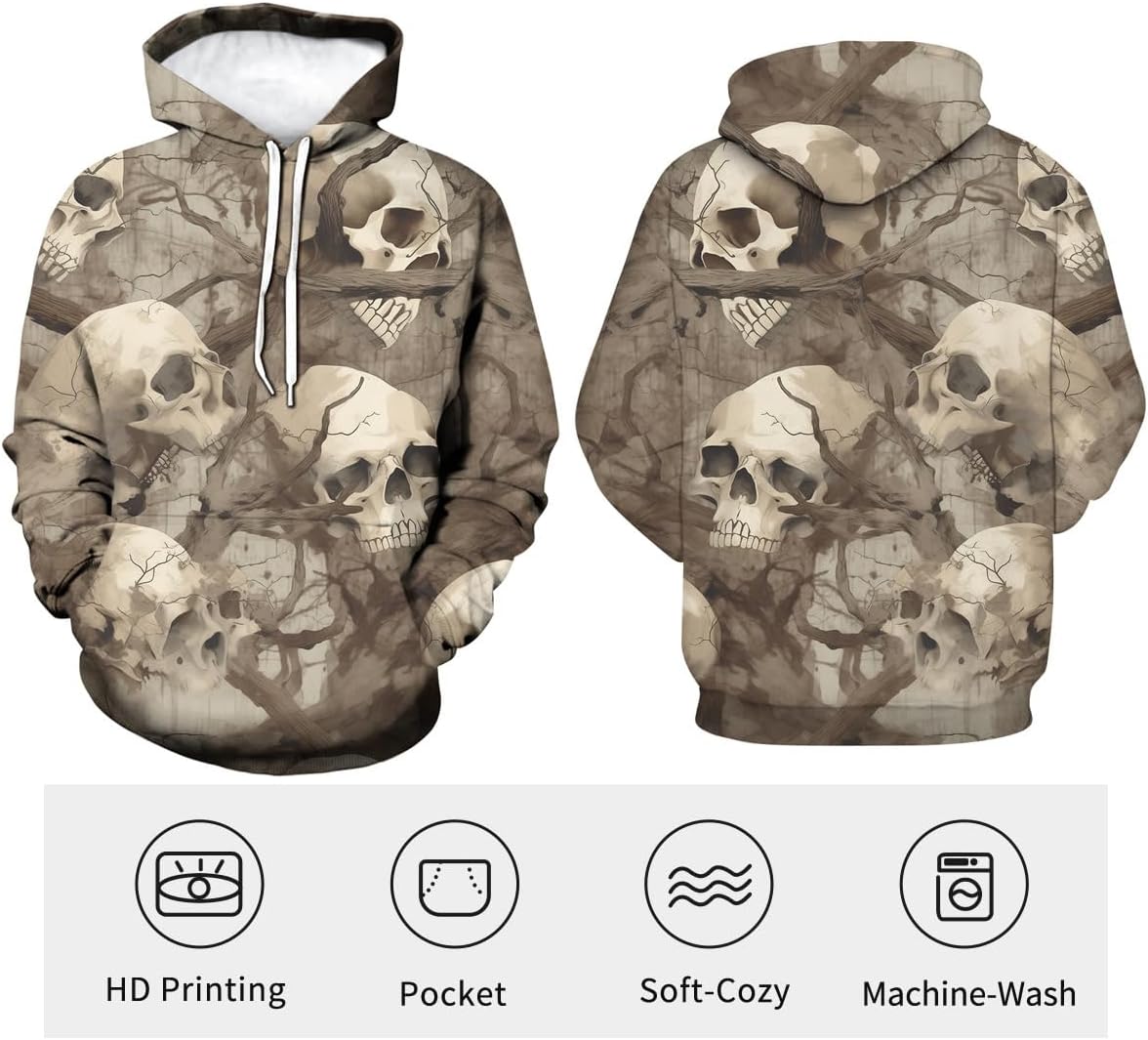 Men's Casual Skull Hoodies Sweatshirt Vintage Graphic Pullover Long Sleeve With Pocket - Image 5