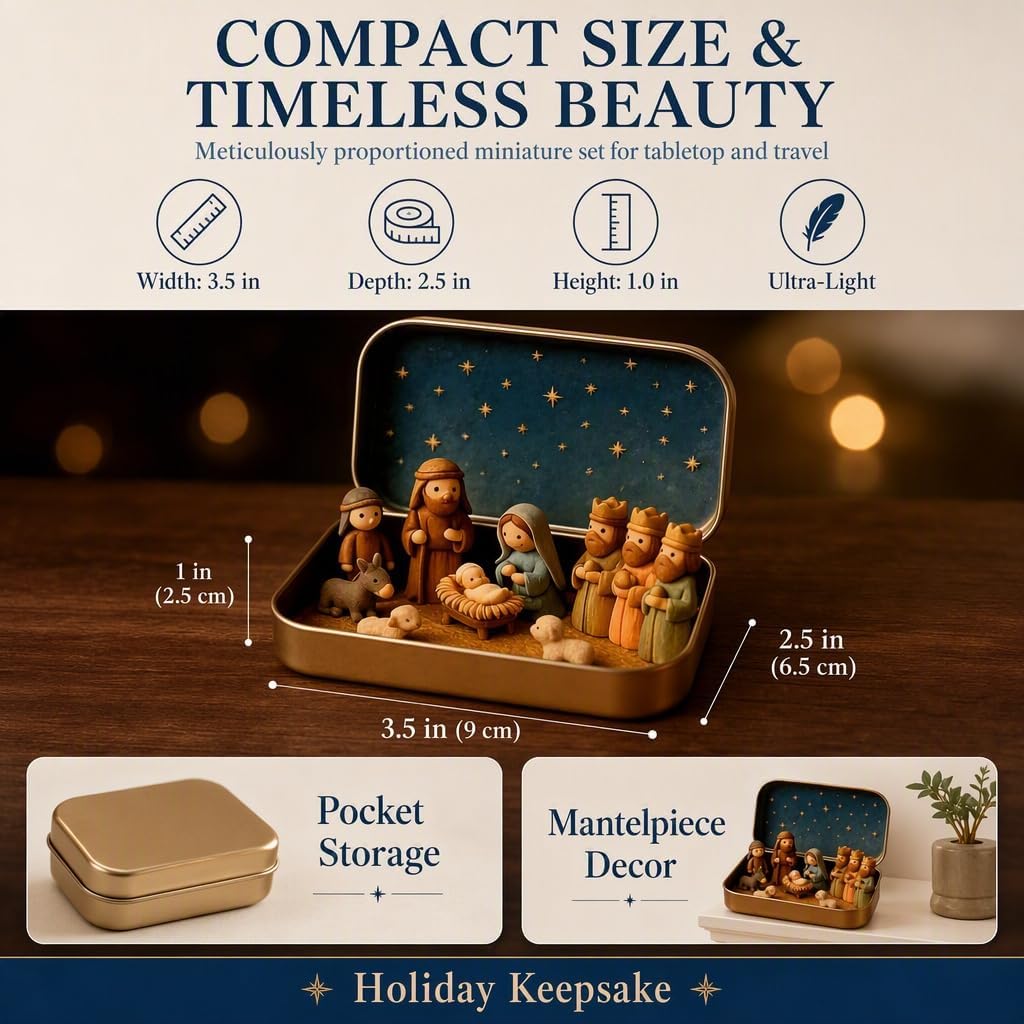 3PC Mini Christmas Nativity Set in Tin Box, Handcrafted Pocket Size Holy Family Figurines, Tabletop Mantel Decor, Meaningful Christmas Stocking Stuffer Gift for Family Church Members