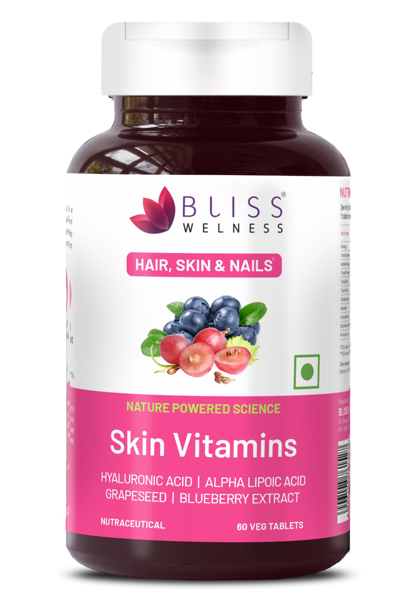 Bliss Welness Skin Multivitamin with Biotin Hyaluronic Acid Alpha Lipoic Acid Vitamins & Minerals | Glowing Radiant Youthful Skin Supplement for Women & Men - 60 Vegetarian Tablets