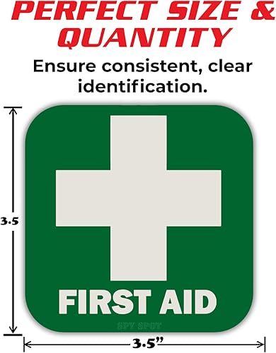 Miniatura 5 de Paquete de 4 calcomanías verdes de primeros auxilios, 3.5 x 3.5 pulgadas, autoadhesivas, de emergencia para caja, resistente al agua, para