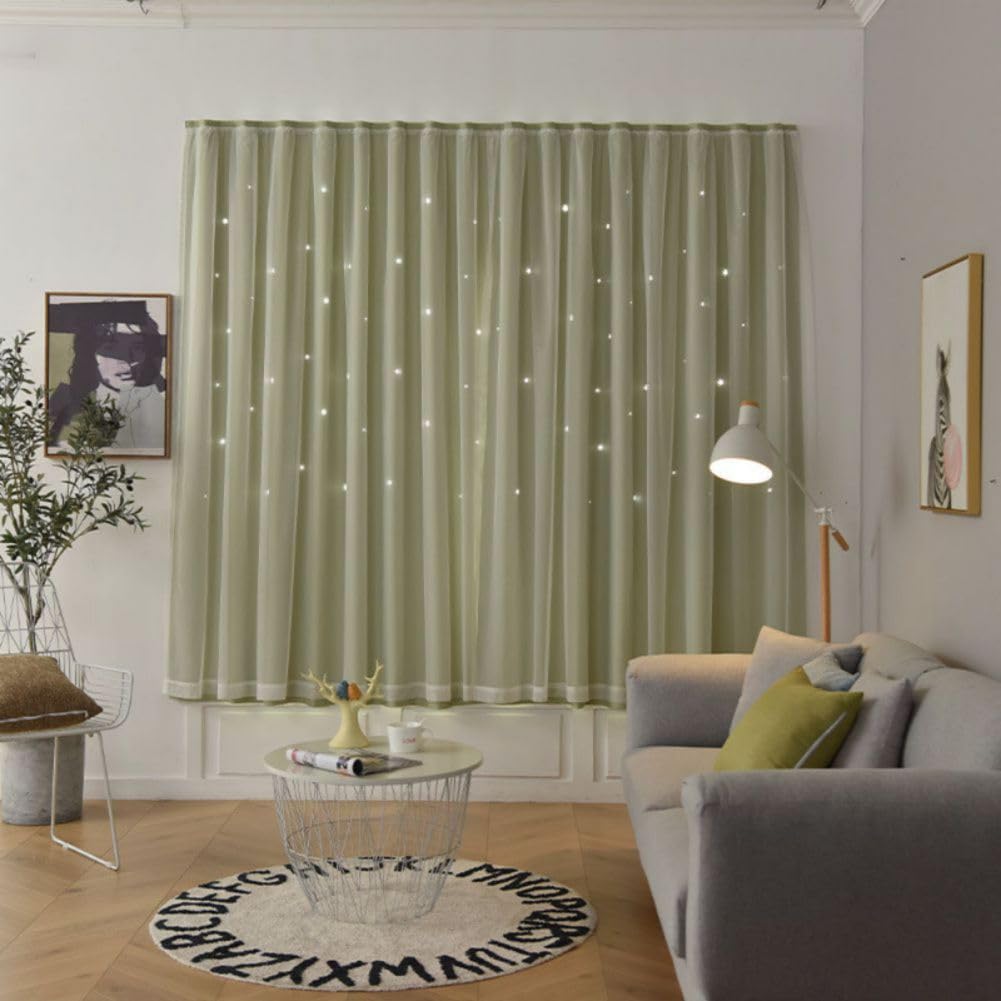 Maritown Self Adhesive Blackout Curtain Stick On No Drilling Window Curtains Double Layer Thermal Insulated Hollow Stars Kids Curtains for Nursery Bedroom Living Room (Green, 100W x 150H cm)
