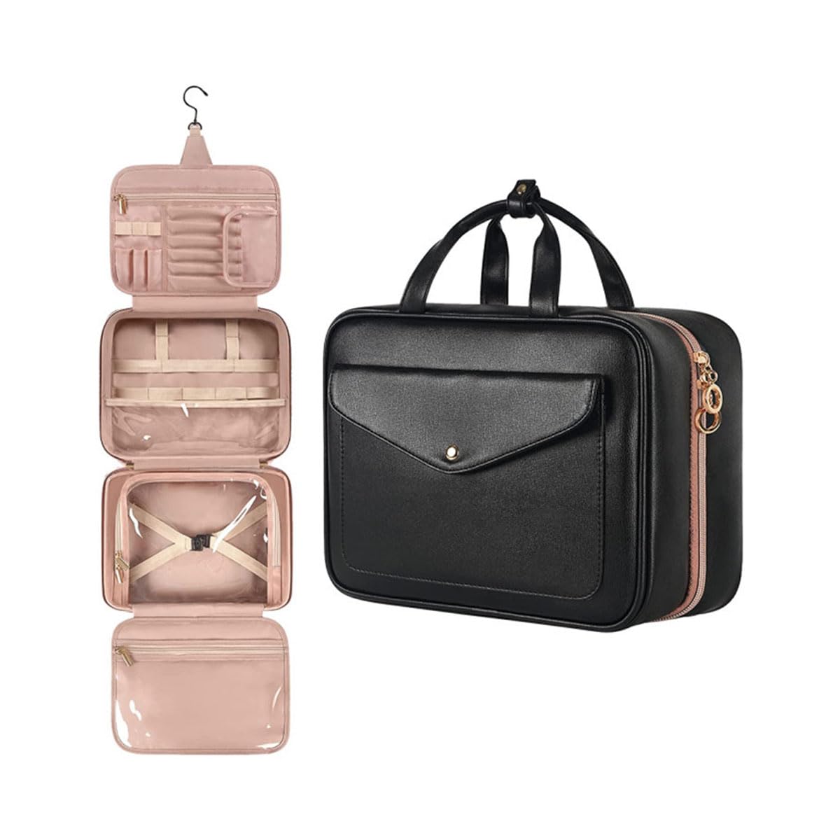 GenericHELEE Toiletry Bag, Large Waterproof Cosmetic Bag, Portable Women's Travel Cosmetic Bag, Hanging Toiletry Bag with Hooks, Fits Full Size Bottles, Holds Toiletries, Cosmetics, Brushes, Bottles (Black)