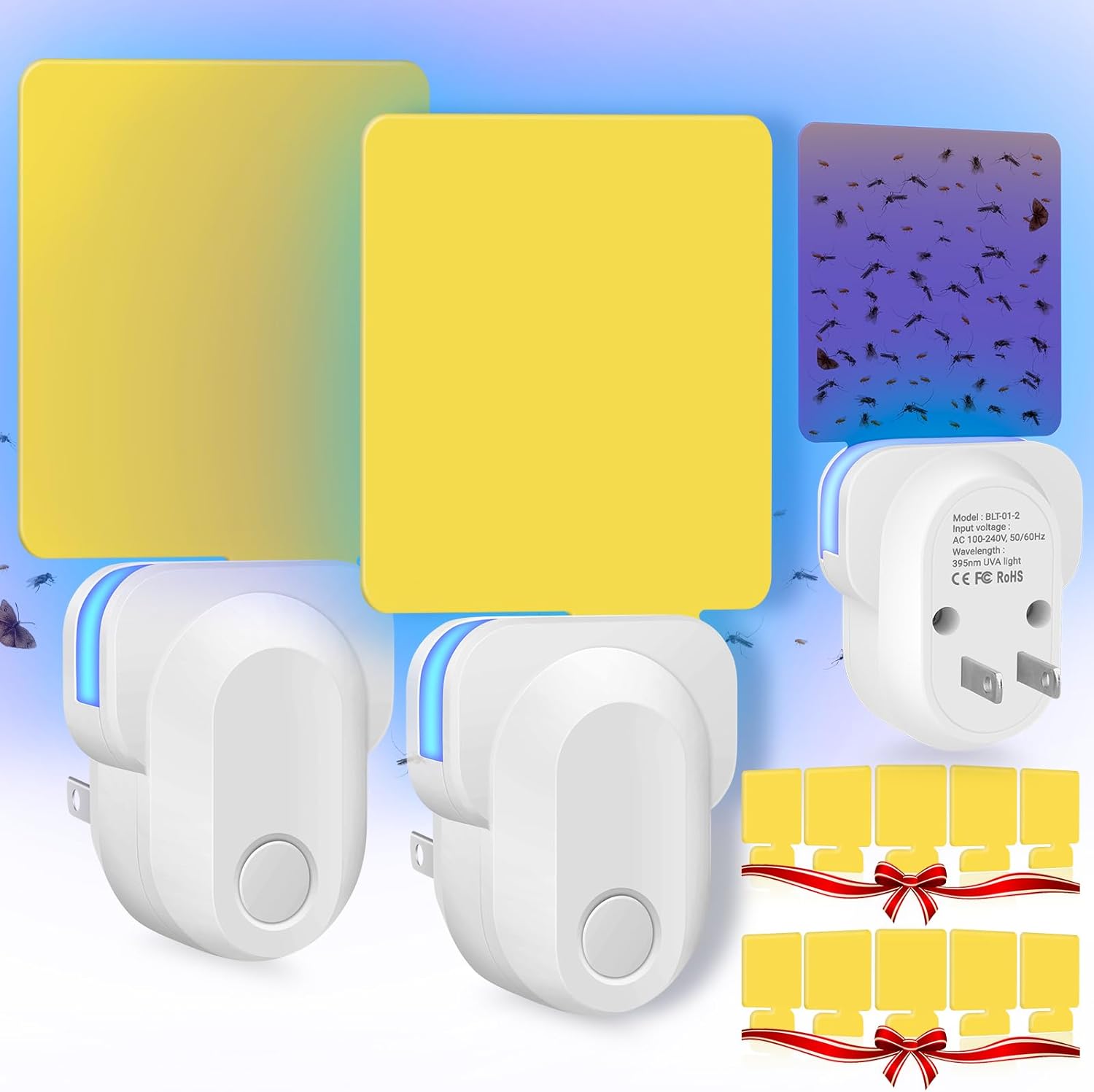 Indoor Plug-in Flying Insect Trap, Gnat & Fruit Fly Traps for House Indoor, (2 Device + 10 Refills) Non-Toxic UV Light Fly Trap, Gnat Killer Bug Catcher for Flies, Gnats & Moths - White