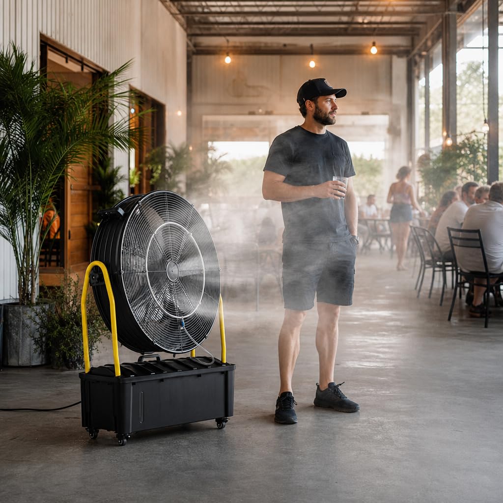 Ventilador Industrial Nebulizador de Pie con Depósito de Agua 25L, Motor 300W, 3 Aspas, 3 Velocidades, Diámetro 65 cm, Flujo 9870 m³/h, Cabezal Orientable, Ruedas Multidireccionales