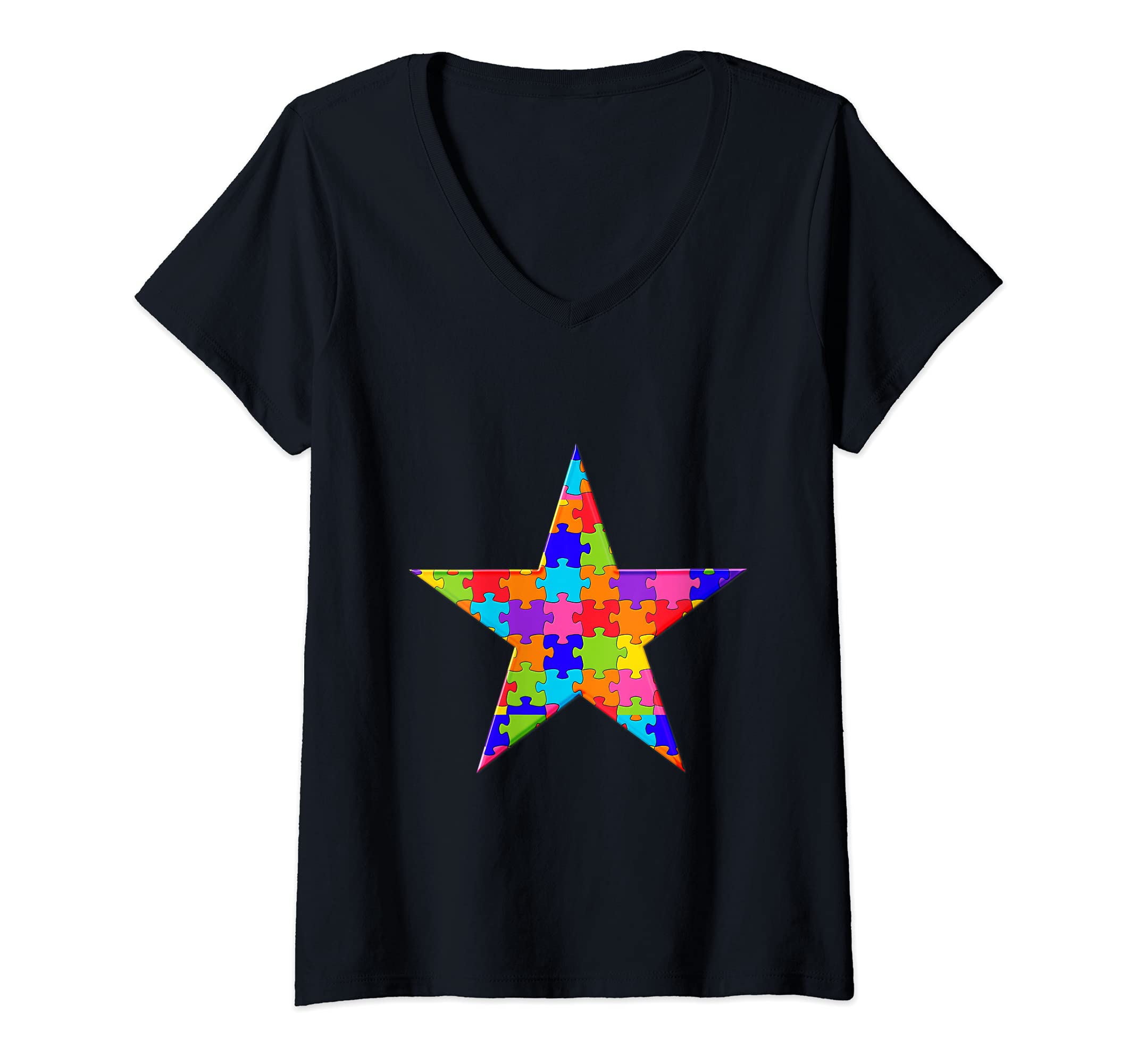 Womens Star Space Galaxy Jigsaw Autism Puzzle V-Neck T-Shirt