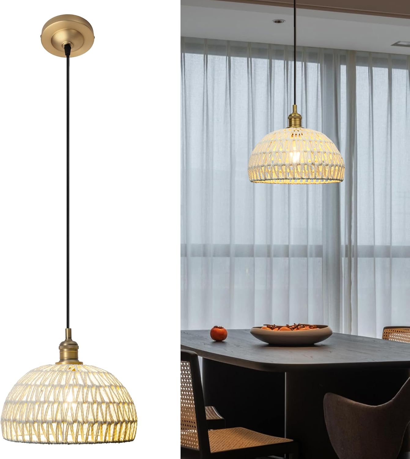 Phansthy Cream Hemp Rope Woven Pendant Light 11.4" Boho Woven Rattan/Iron Chandelier Farmhouse Dome Wicker Pendant Light Adjustable for Dining Room Living Room Kitchen Island Bedroom (Antique)