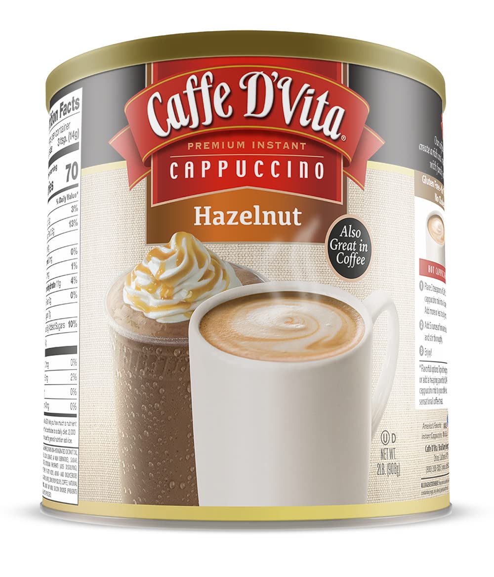 Caffe D'Vita Hazelnut Cappuccino Mix - Instant Coffee Powder Mix, Gluten Free, No Cholesterol, No Hydrogenated Oils, No Trans Fat, 99% Caffeine Free - 2 Lb Can
