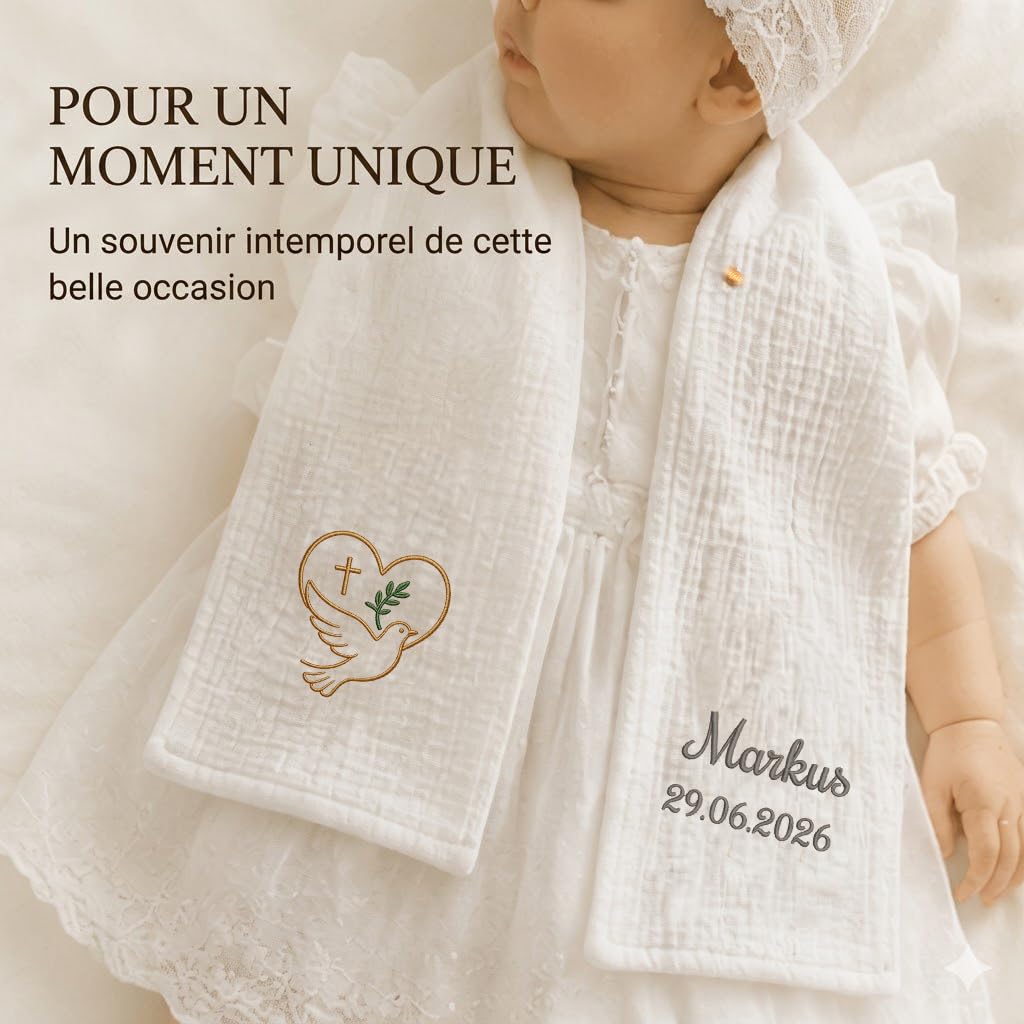 XIAOMA Écharpe de Baptême Personnalisée Bébé avec Broderie Prénom et Date – Étole Baptême en Double Gaze de Coton – Cadeau Baptême Garçon Fille avec Coffret Cadeau – Fabrication sous 48h