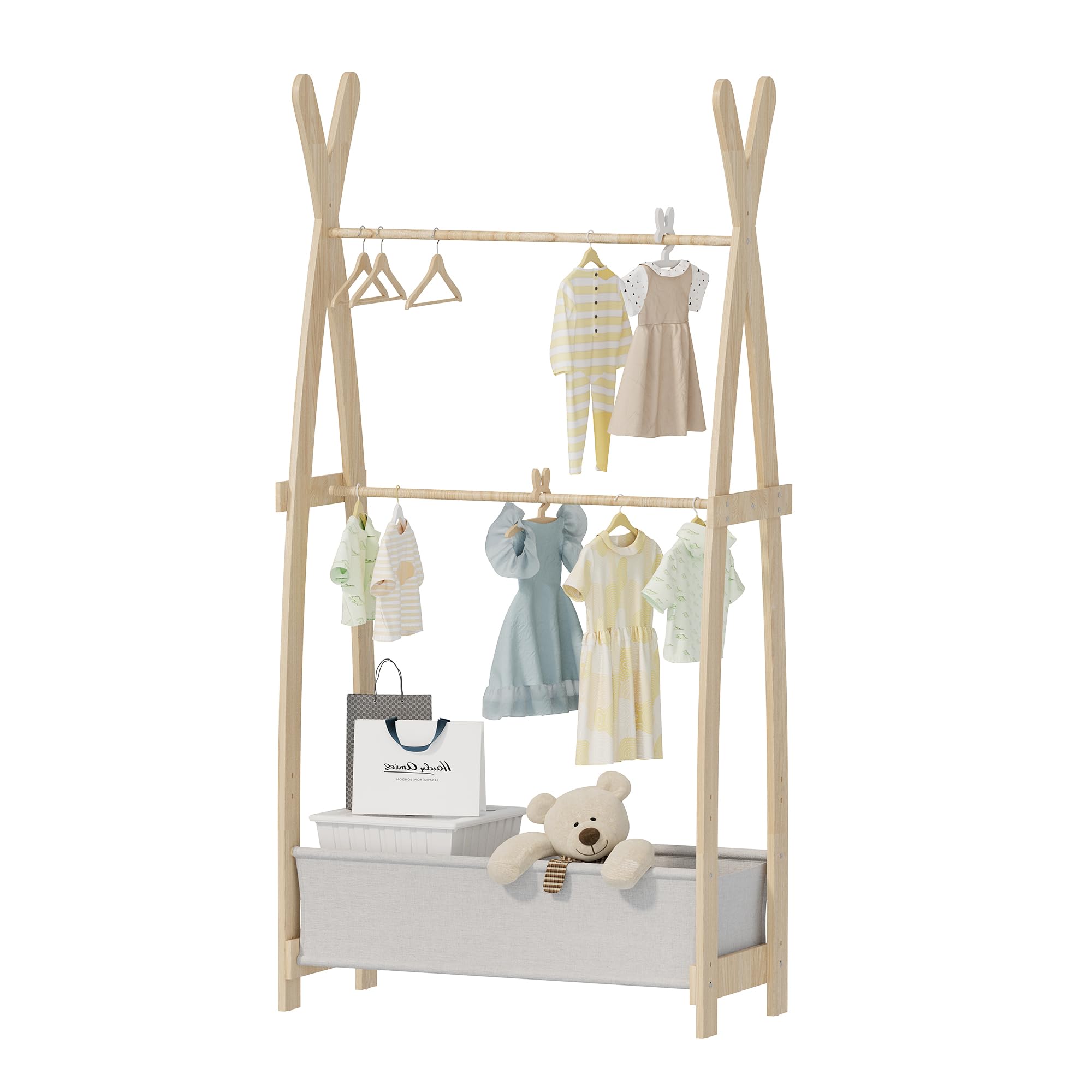 NACHES Kinder Kleiderständer Holz, Garderobenständer mit Aufbewahrungskiste und Kleiderstange, Kindergarderobe für Kinderzimmer, Mädchen (82 x 43 x 180cm)