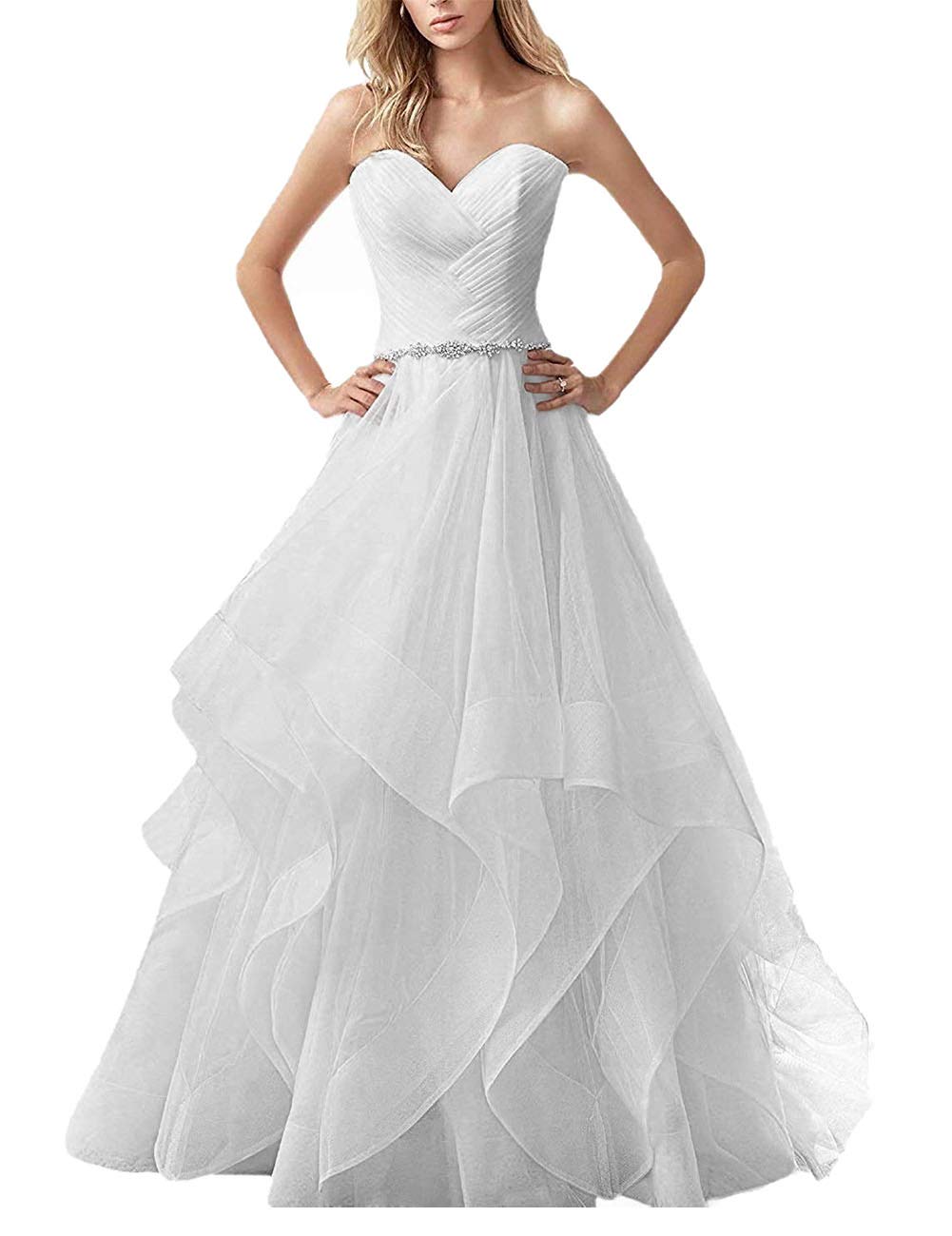 Senza Spalline A-Line Tulle Damigella d'Onore Abiti da Sera Backless con Sweetheart, Bianco, 34