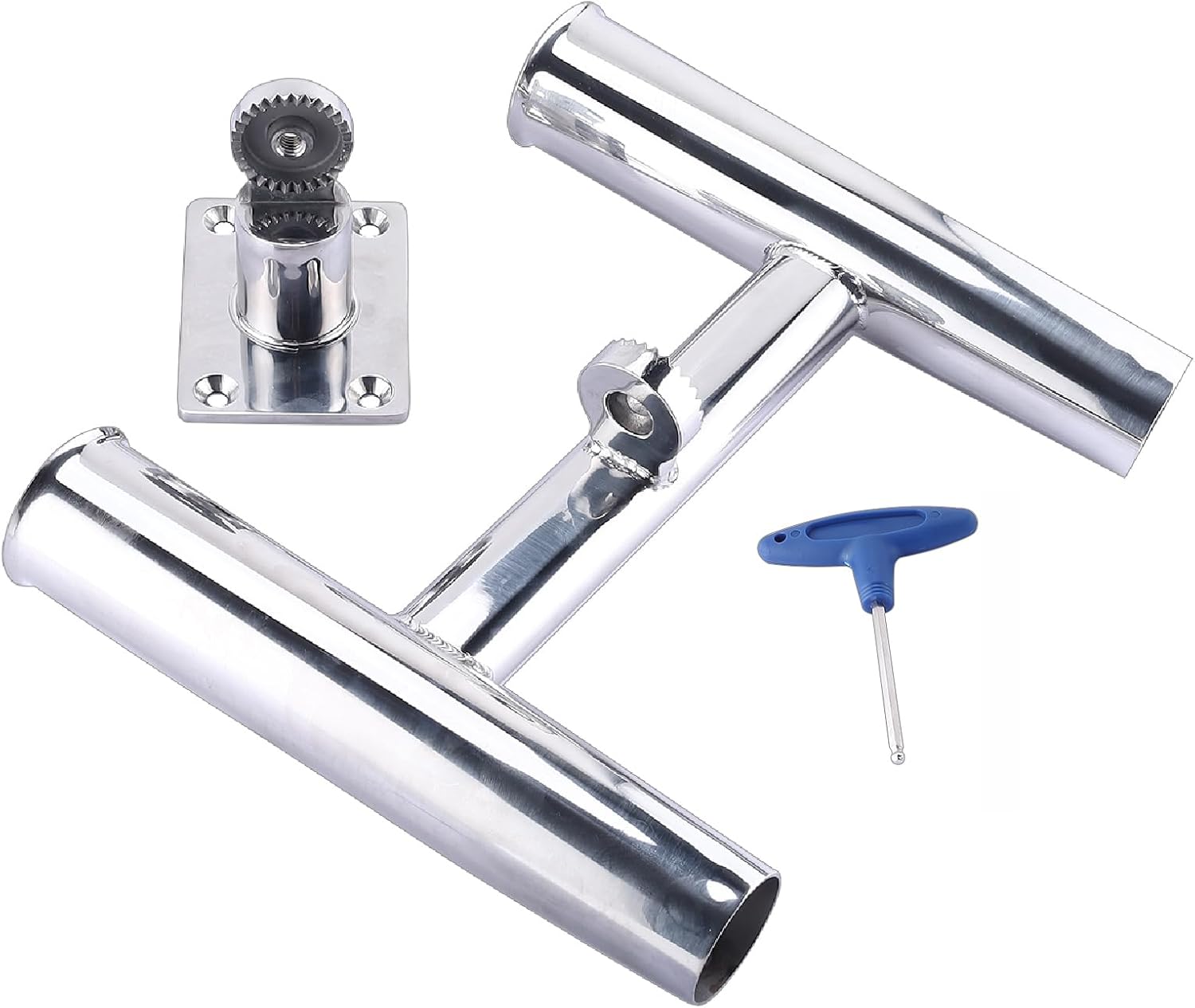 NovelBee 2 Tube Tournament Style Rod Holders with A Flat Mount Pad and Wrench,Deck Mounted Fishing Rod Holders,Stainless Steel Adjustable Degree Rod Holders for Boat
