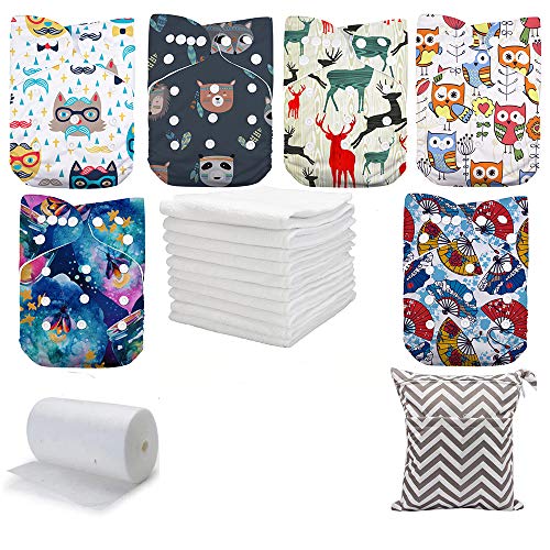 DoDo Bear Cloth Diapers Washable Pocket Nappy, 6pcs Cloth Diapers+6 Inserts +1 Wet Bag +1 Roll Liners (color2)