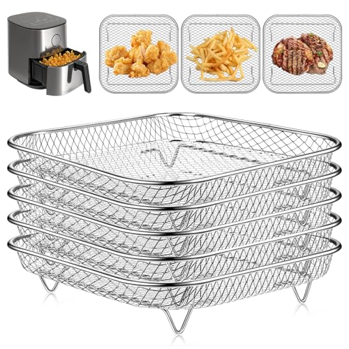 5 Pieces 8 Inch Square Air Fryer Rack, Stackable Stainless Steel Dehydrator Rack Basket, Air Fryer Accessories for Baking Roasting, Oven & Dishwasher Safe