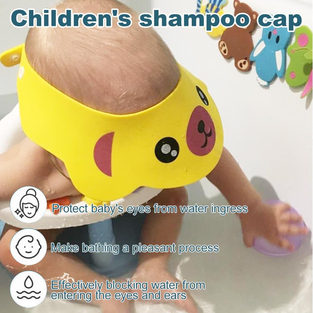 3 Pezzi Cuffia da Doccia per Bambini Regolabile, in Silicone Morbido, Impedisce all'Acqua di Entrare negli Occhi (Rosa Maiale, Giallo Cane, Verde Rana)