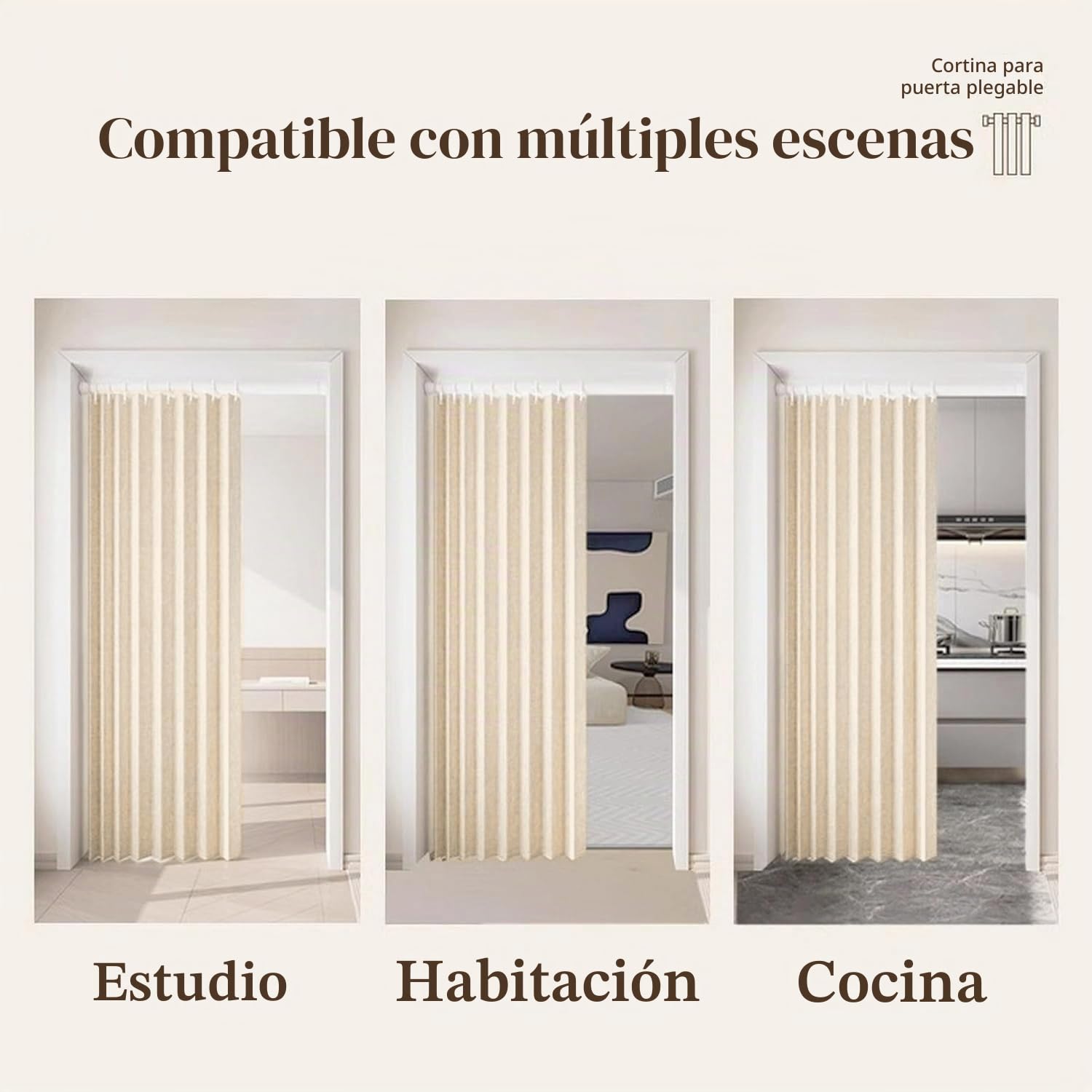 Cortina magnética Plegable con Ganchos, Ideal para cocinas, Interiores, Salones y dormitorios.-Beige- W180xH200cm