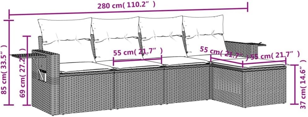 vidaXL Patio Sofa Set with Cushions – 5 Piece Black Poly Rattan Outdoor Furniture, Modular Design, Storage Function, Removable Covers, Weather-, 242.5 lb Load Capacity