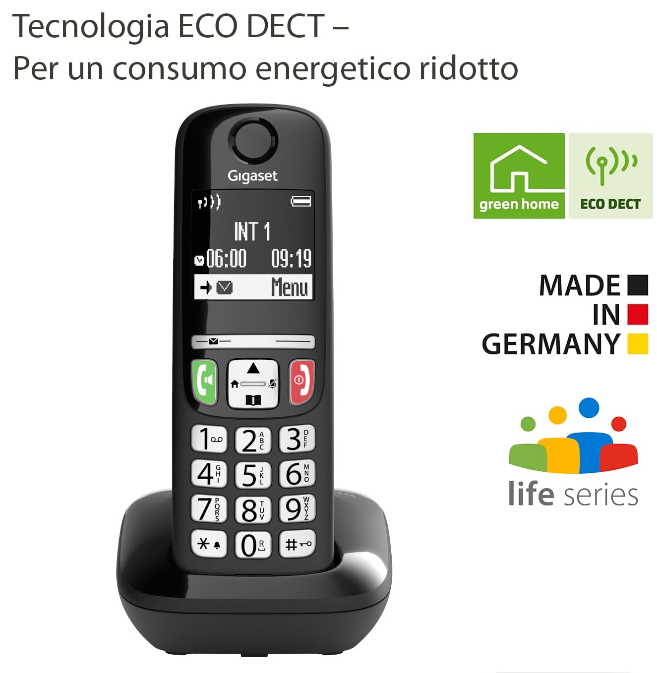 Gigaset E275 - Telefono DECT Portatile - Cordless - Tasti Grandi - Suonerie Forti - Compatibile con Apparecchi Acustici, Nero [Versione Italiana]