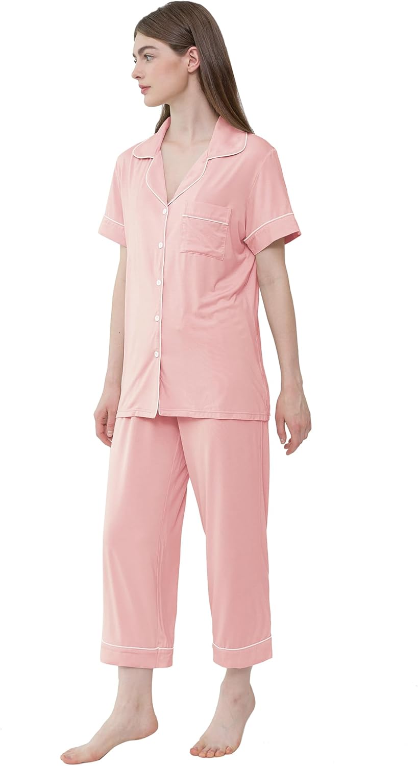 Joyaria Women Bamboo Viscose Capri Pajamas Set Cooling Button Down Pjs Short Sleeve Sleepwear Soft Loungewear S-XXL - Image 6