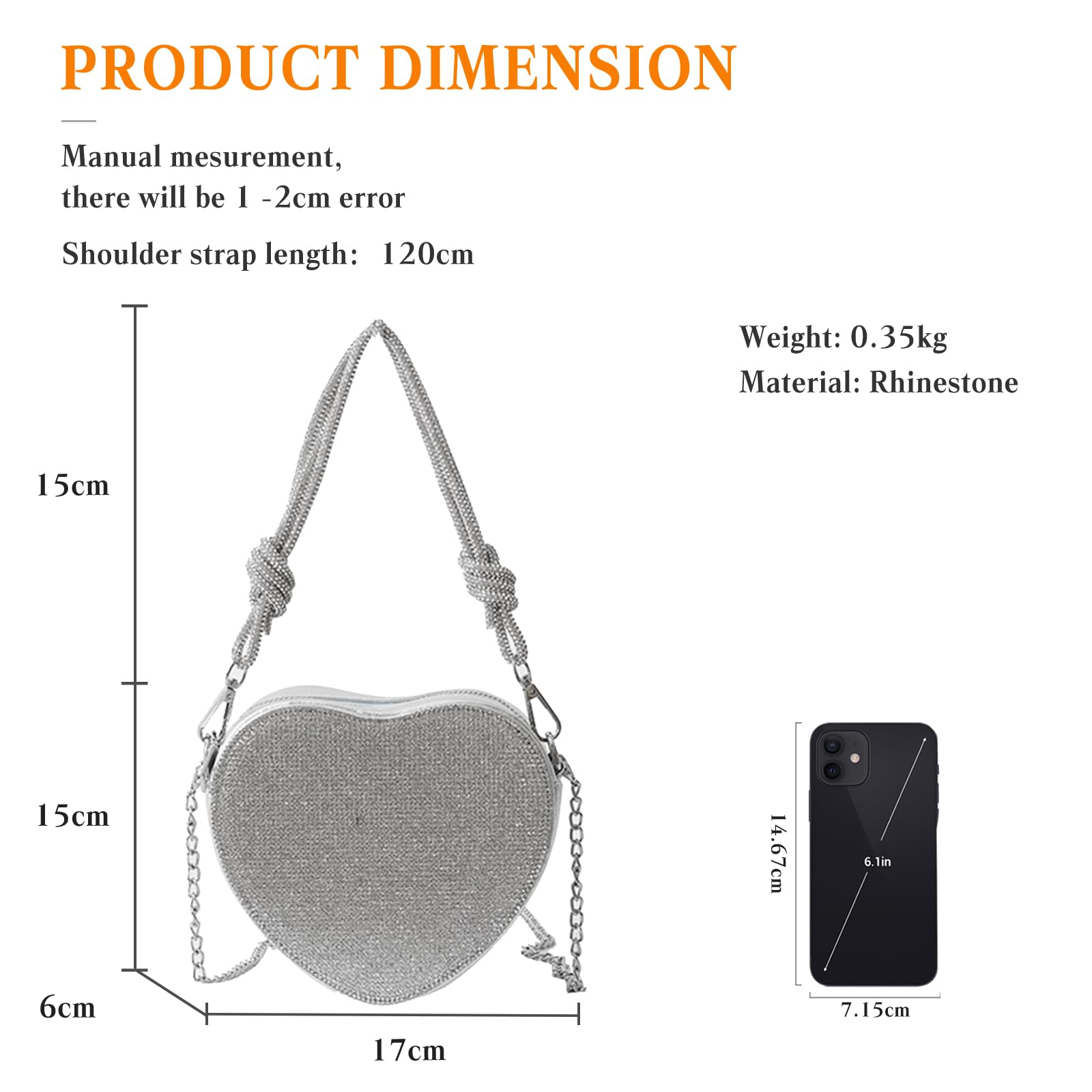 CORIOS Damen Herzform Abendtasche Strass Clutch Tasche Abnehmbarer Kette Handtasche Glitzer Schultertasche Elegant Umhängetasche Klein Tasche für Abendparty Hochzeit Silber
