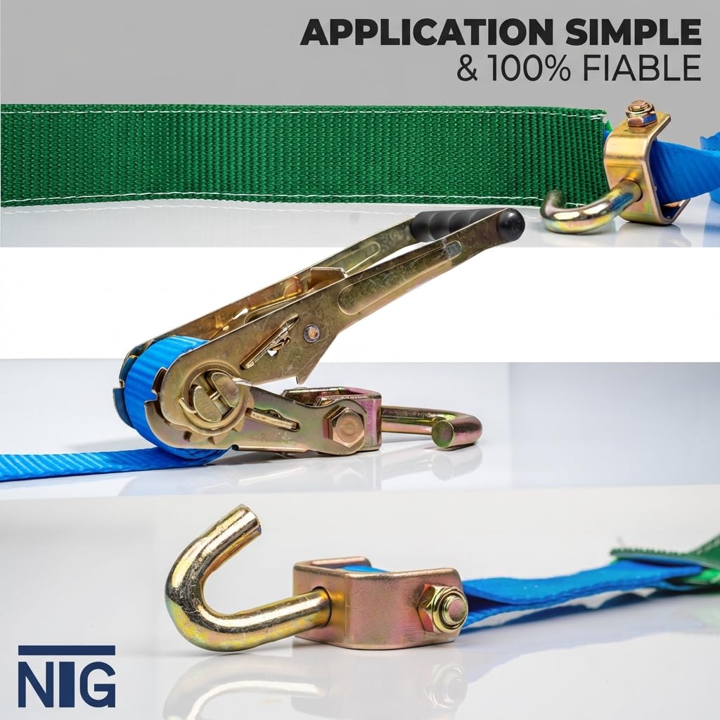 NTG 4 Pieces Set de Sangles de Transport de Voiture 2500mm de Long jusqu'a 5000kg avec Tuyau d'accrochage et Crochet de treuil | sécurité de Roue | Sangle | Voiture | Sangles de Pneu