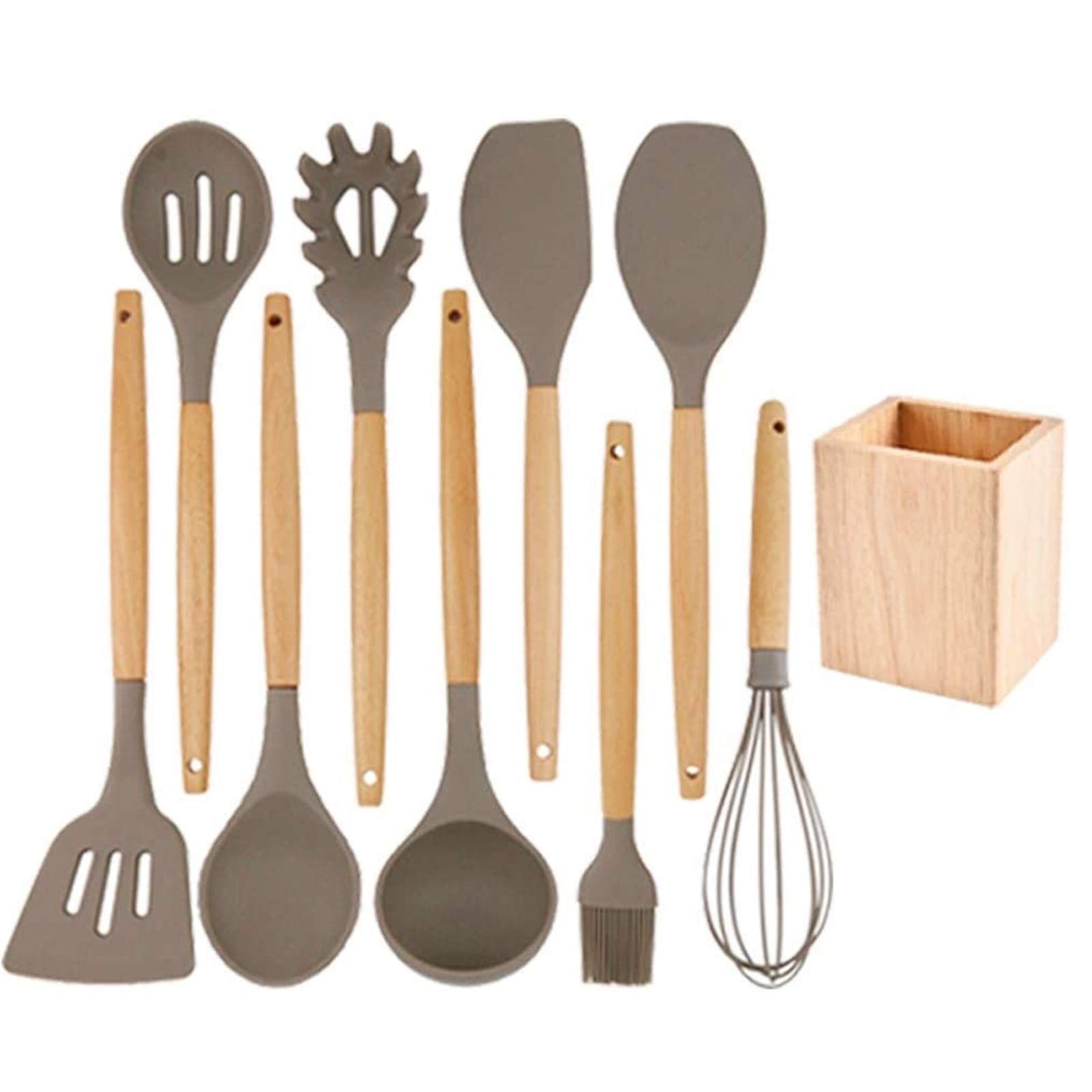 Utensilios de Cocina de Silicona con Mango de Madera, Utensilios de Cocina antiadherentes, Juego de Utensilios de Cocina de Silicona Resistentes a Altas temperaturas, Cuchara, espátula,